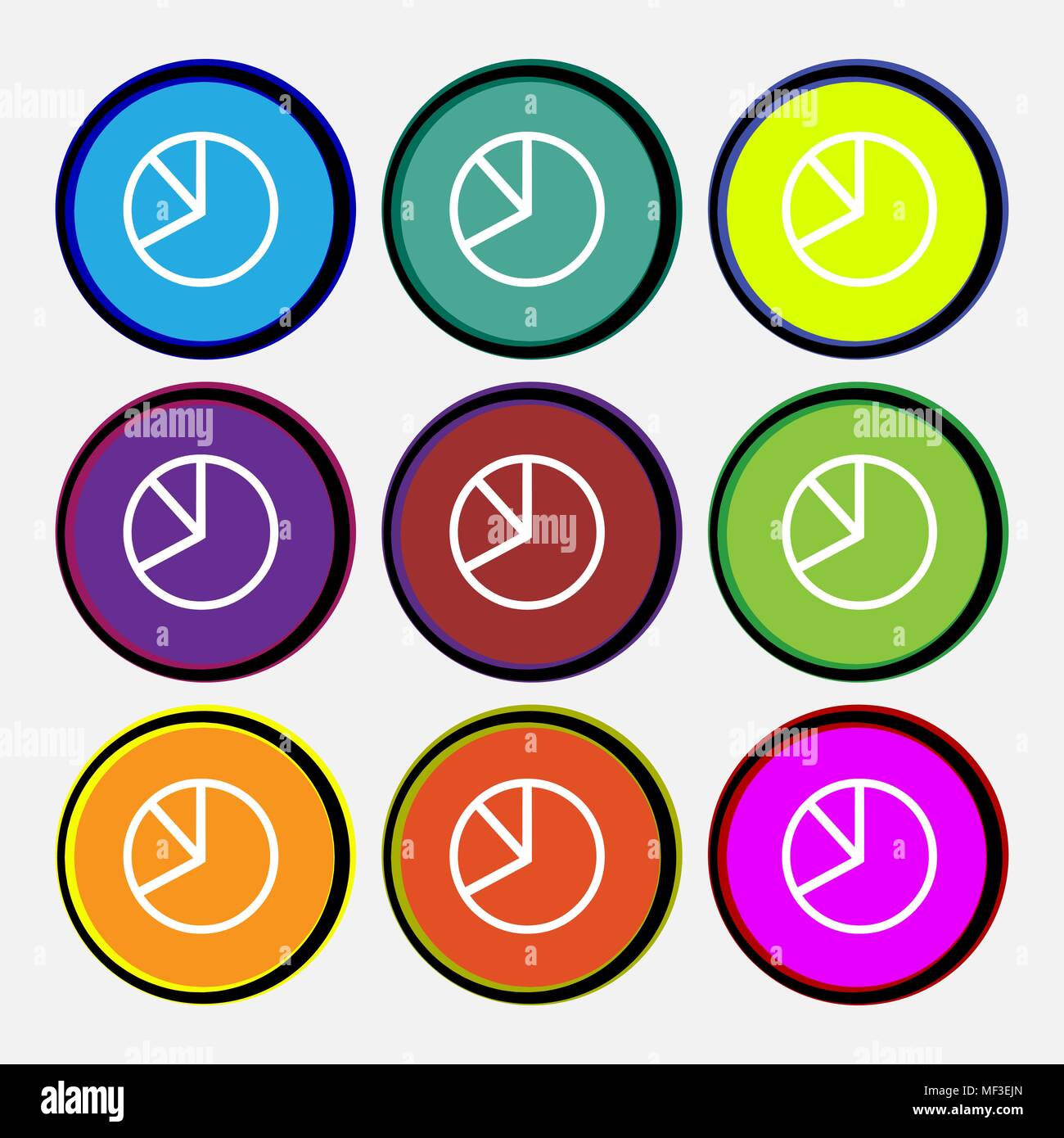 Pie chart graph icon sign. Nine multi colored round buttons. Vector illustration Stock Vector