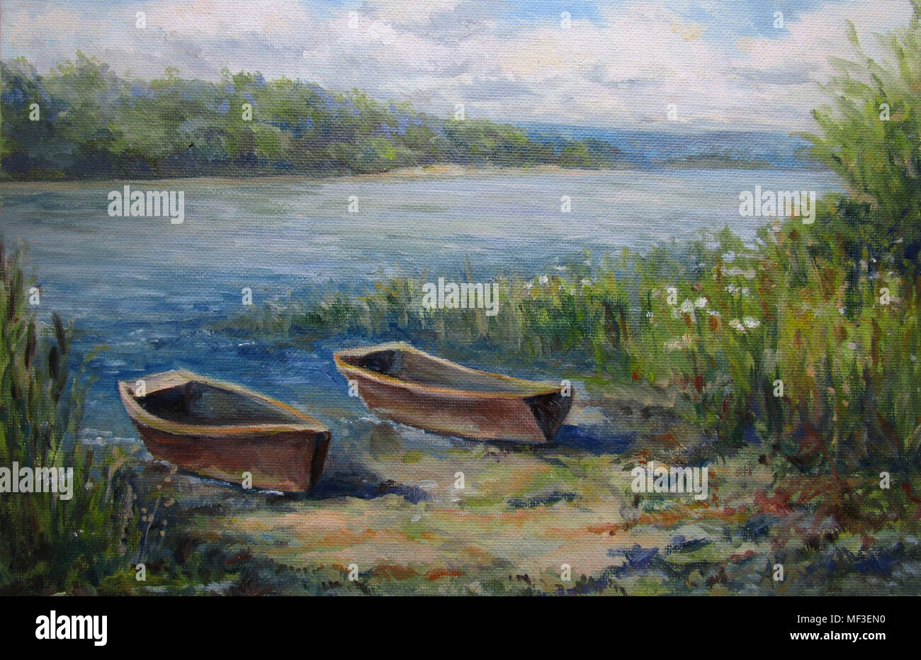 Forest landscape, with boats and river Stock Photo