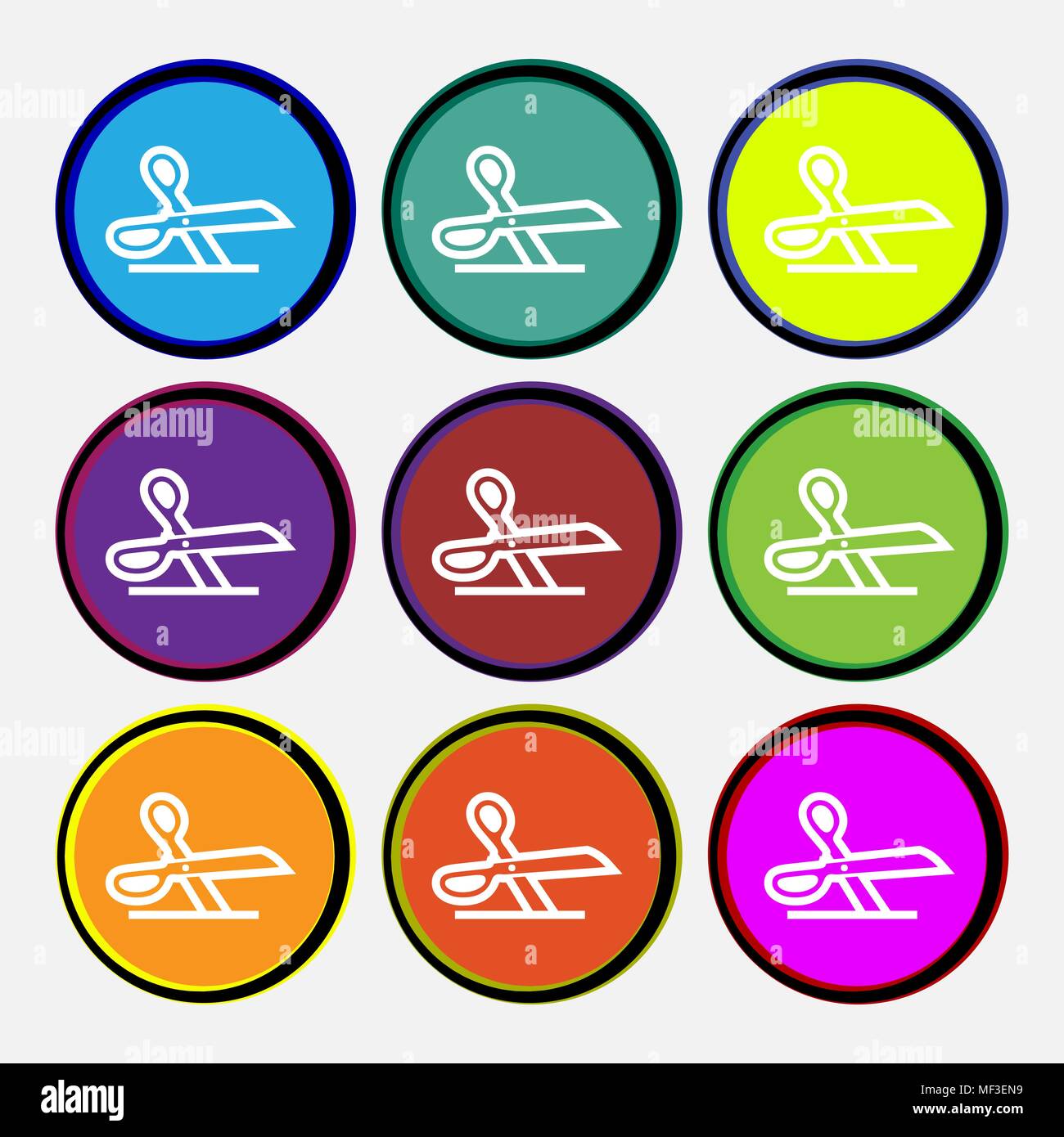 scissors icon sign. Nine multi colored round buttons. Vector illustration Stock Vector