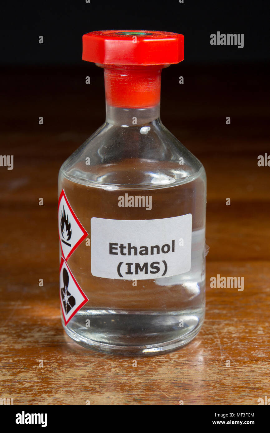 A bottle of ethanol (IMS or Industrial methylated Spirits) as used in a UK secondary/High school. Stock Photo
