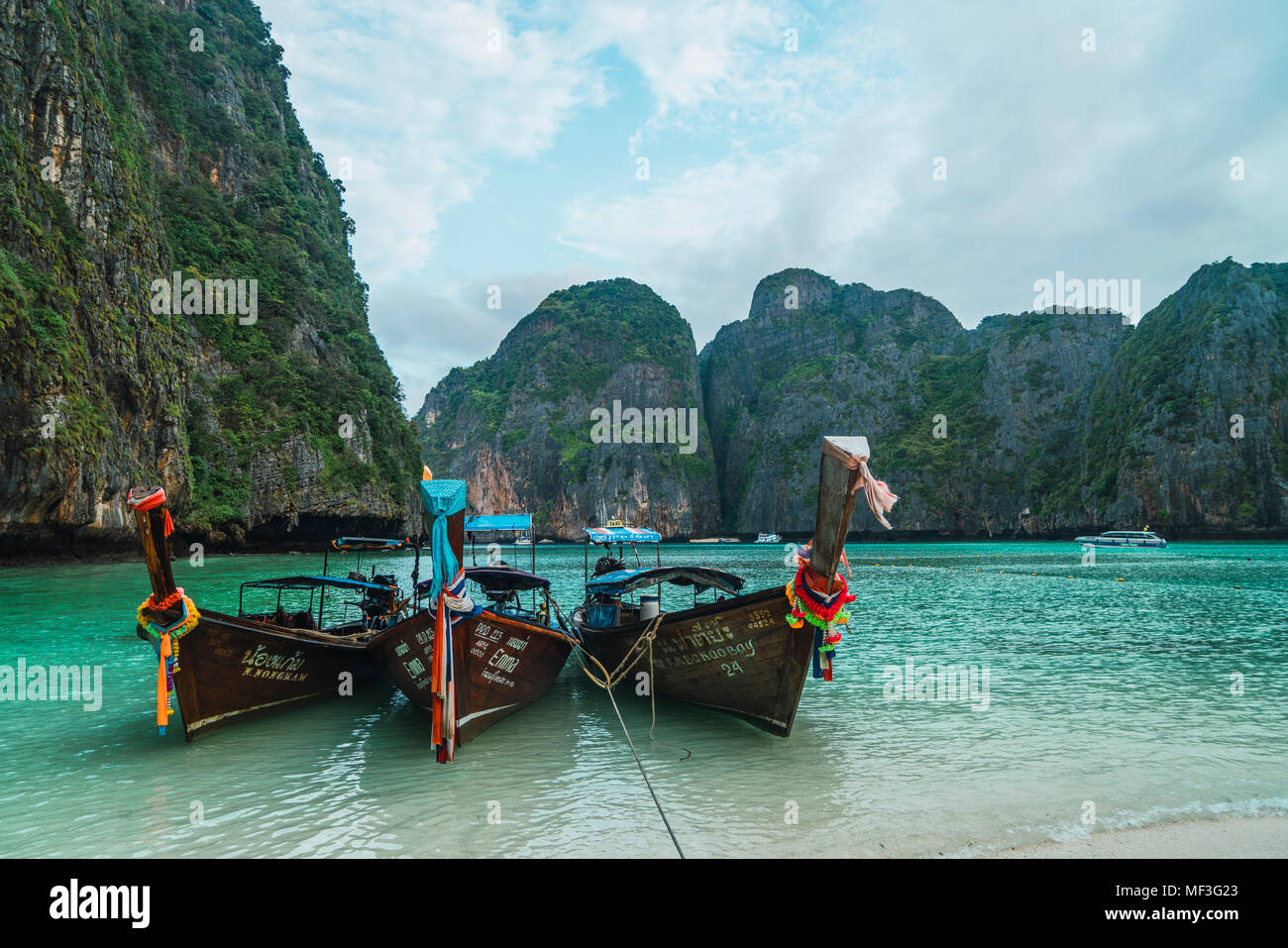 Thailand, Phi Phi Islands, Ko Phi Phi, moored long-tail boats Stock Photo