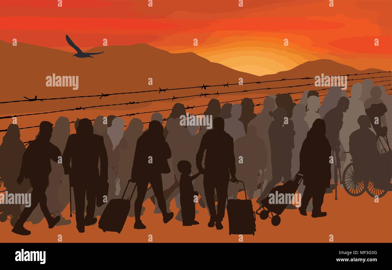 Silhouettes of refugees people behind barbed wire on sunset, vector illustration Stock Vector