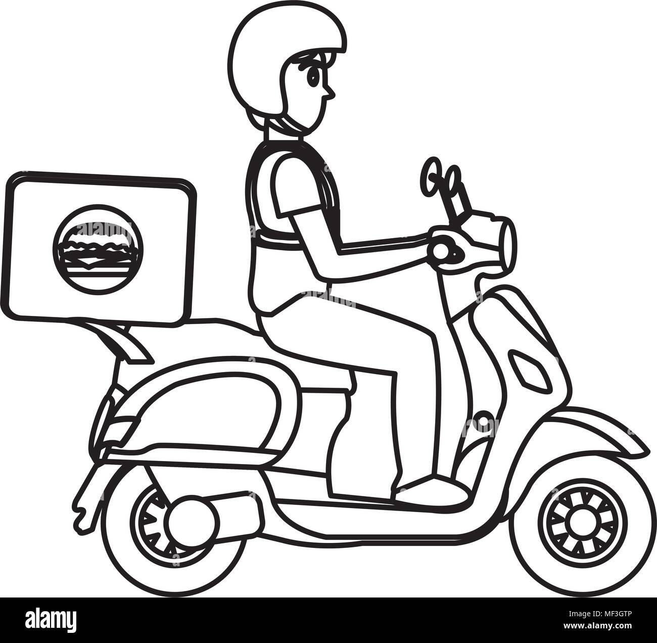 line delivery man in the motorcycle with hamburger service vector