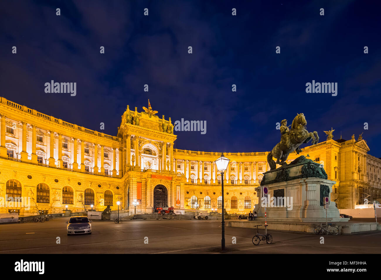 Austria, Vienna, Neue Hofburg part of Hofburg Palace with monument Prince Eugen in the foreground Stock Photo
