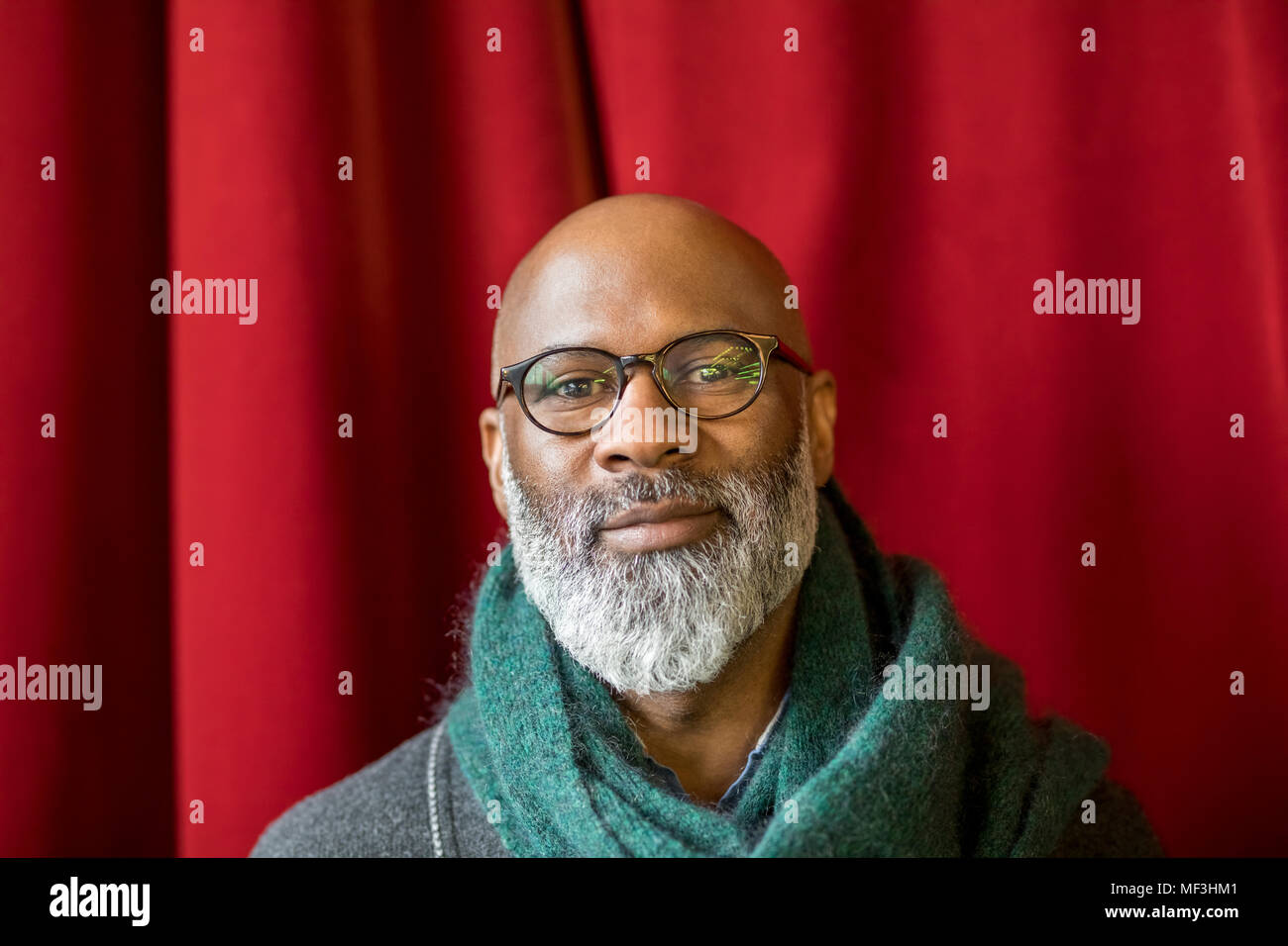 Portrait of smiling bald man with full beard wearing glasses Stock Photo