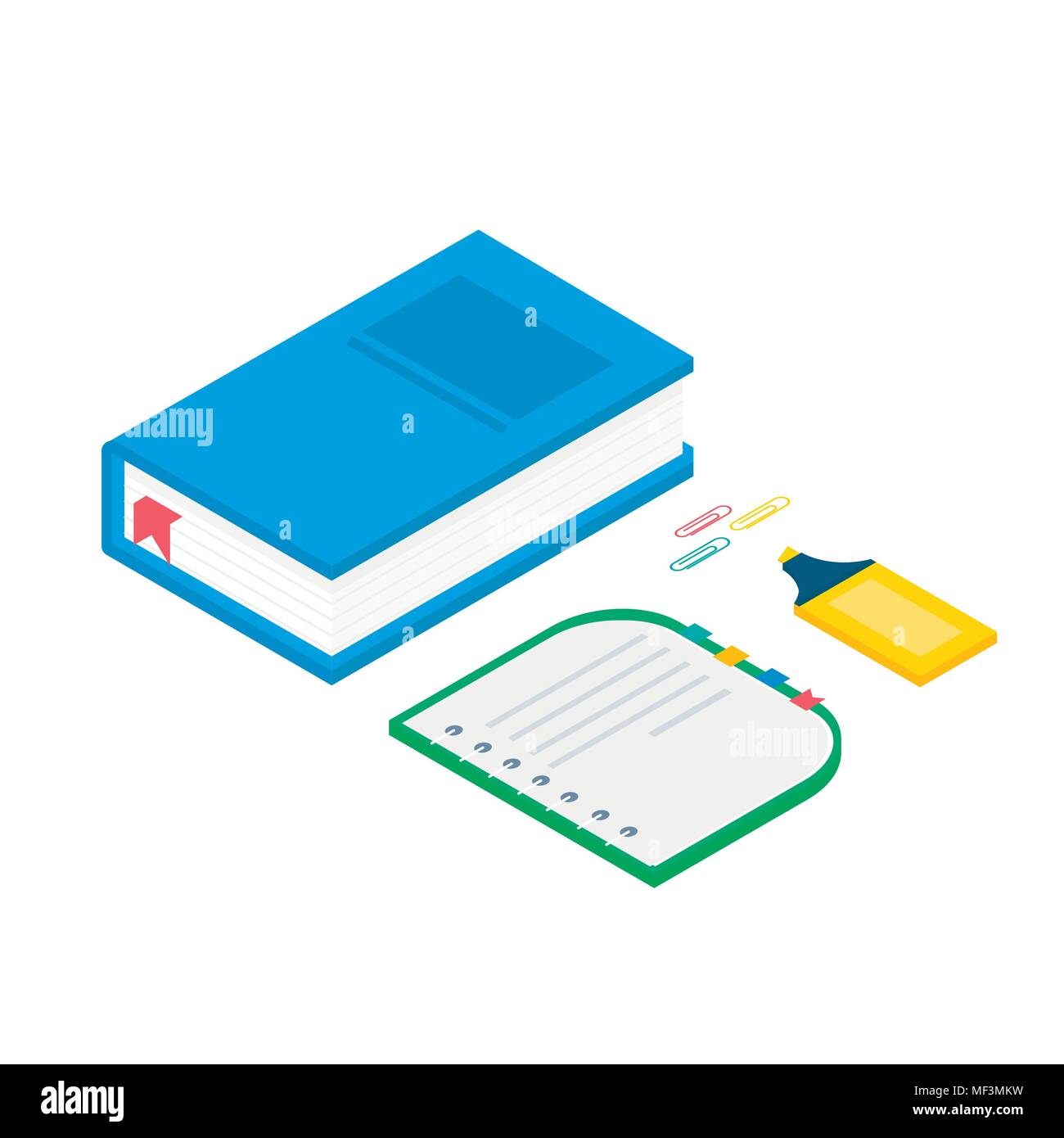 Isometric 3d school supplies set with  book, notebook, pen, highlighter. Vector Back to school background with stationery. Office accessories. Stock Vector