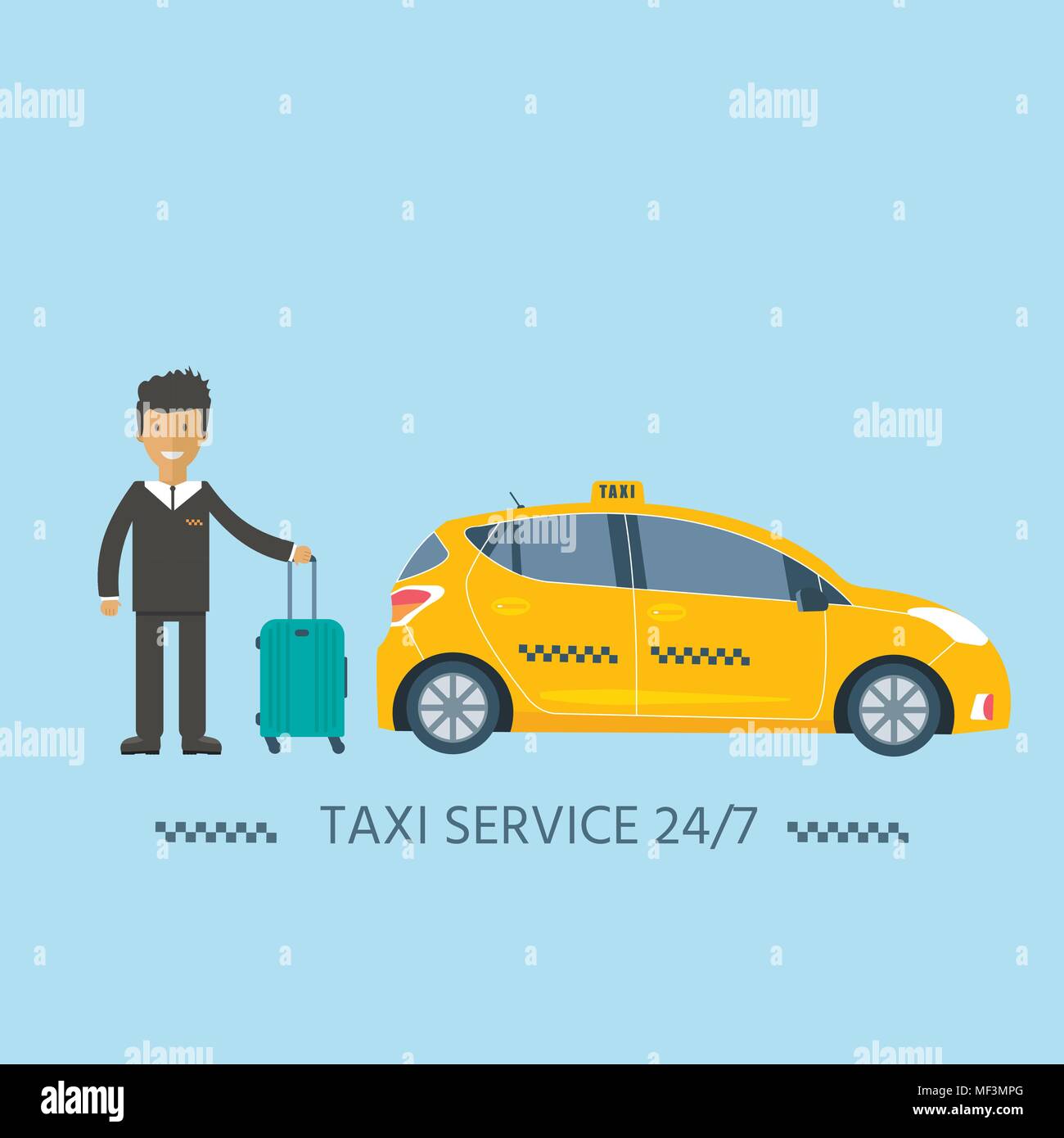 Machine yellow cab with driver and baggage. Public taxi service concept