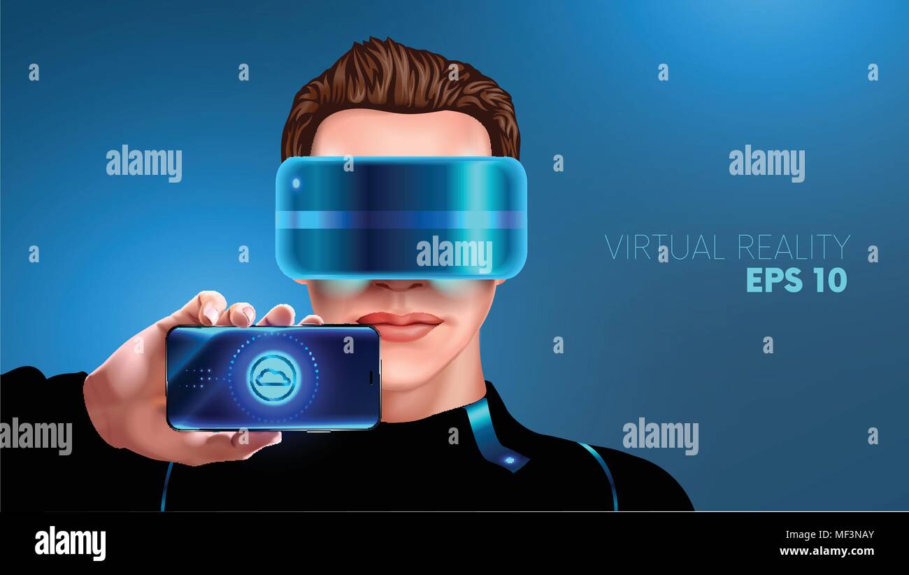 young man with glasses virtual reality shows the screen of the smart phone. Vr glasses. App for smart phone virtual reality. realistic VECTOR Stock Vector
