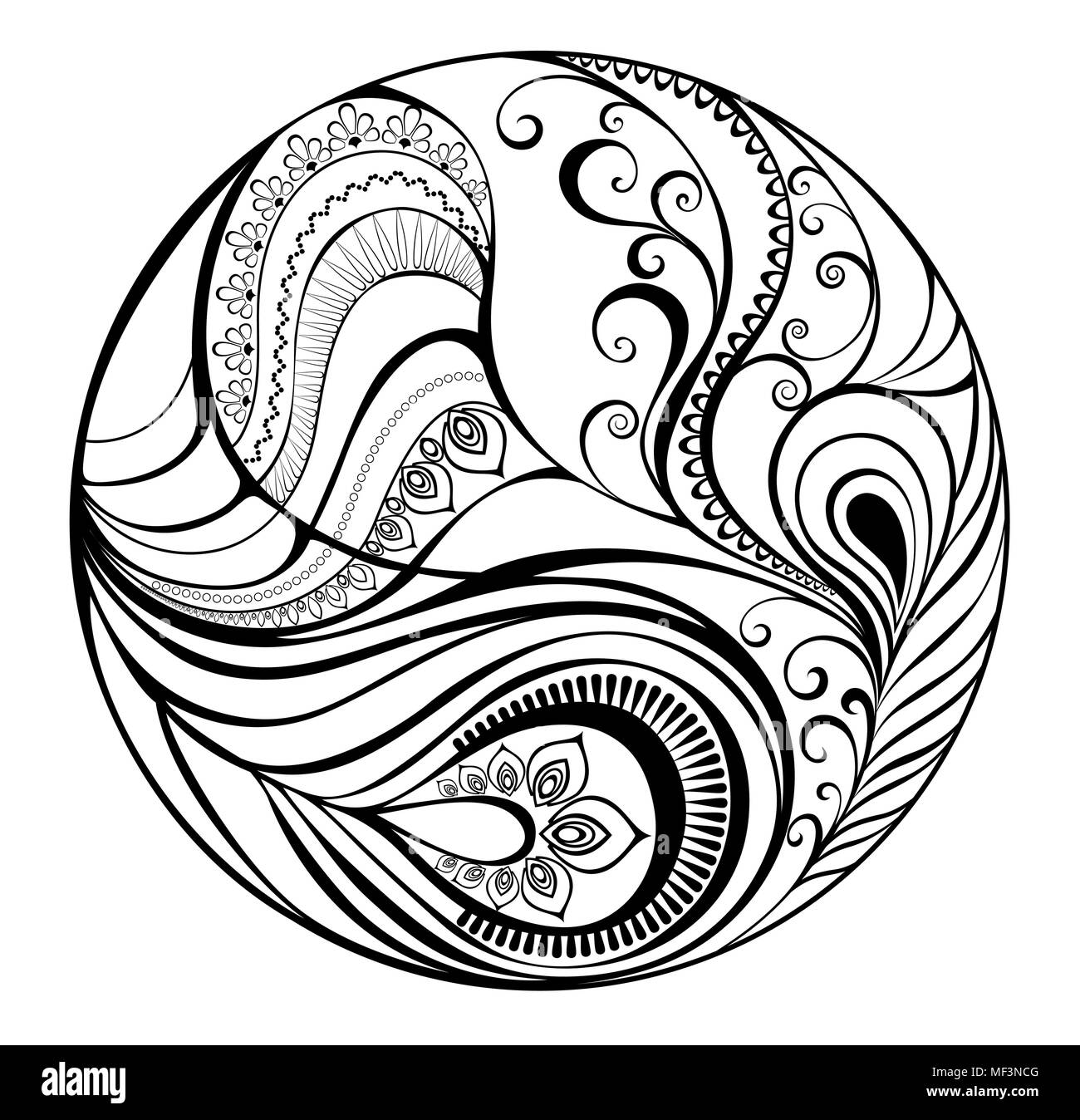 Round contour abstraction with peacock feather and pattern on white background. Tattoos style. Stock Vector