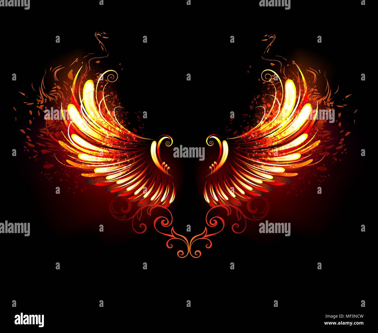 Wings of fire and flame on black background. Stock Vector