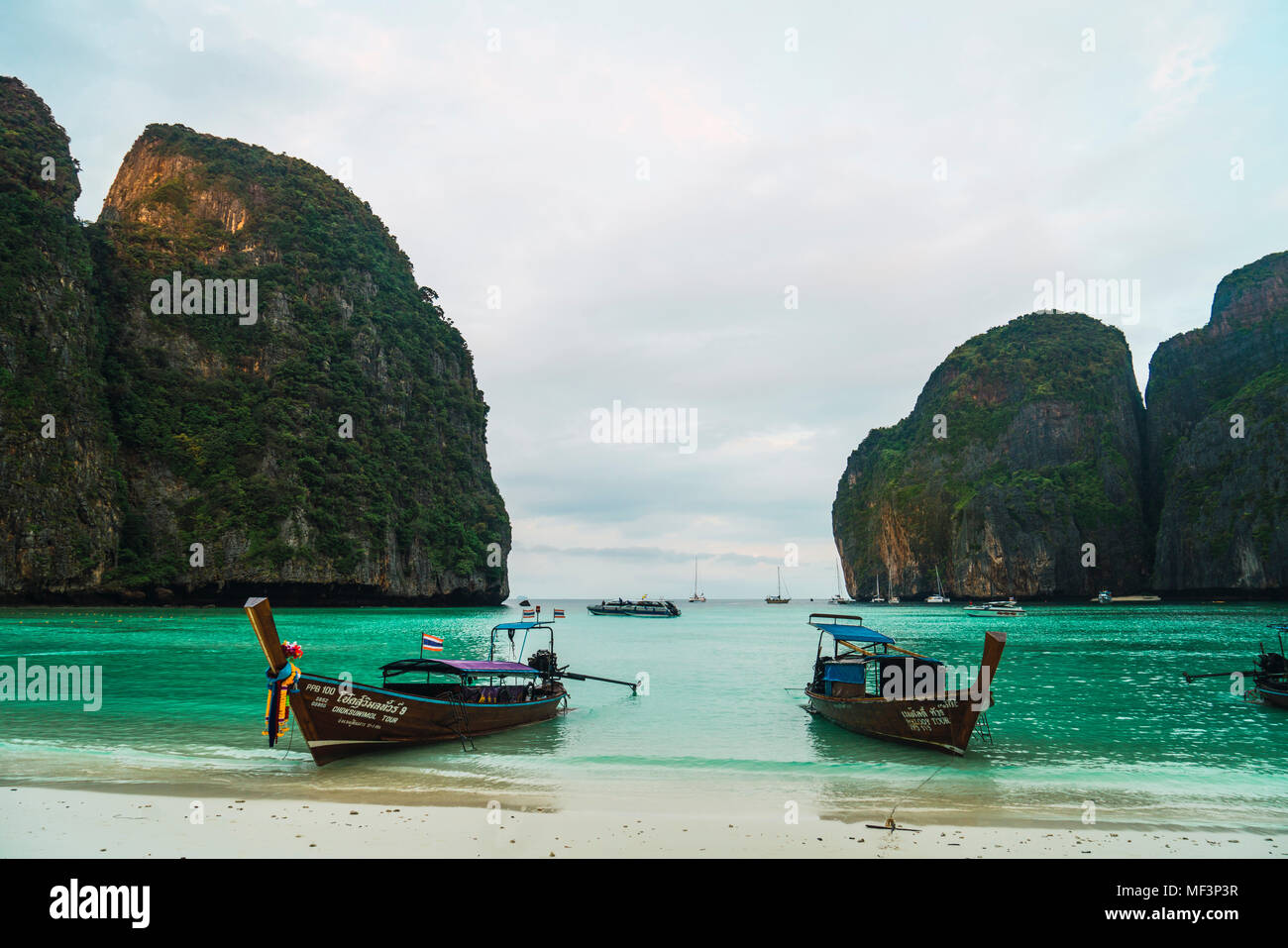 Thailand, Phi Phi Islands, Ko Phi Phi, moored long-tail boats Stock Photo