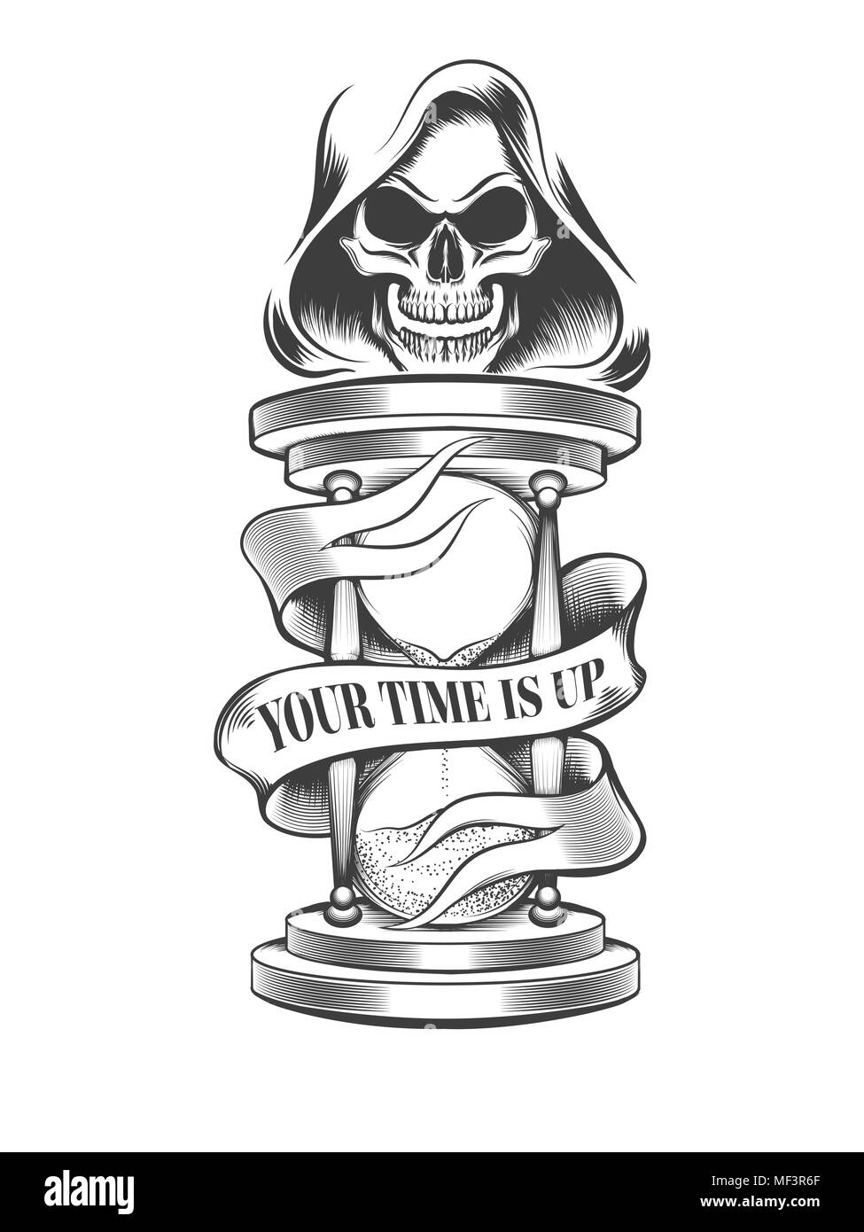 Hand drawn hourglass with skull in hood and wording Your Time is Up on the ribbon. Vector illustration. Stock Vector