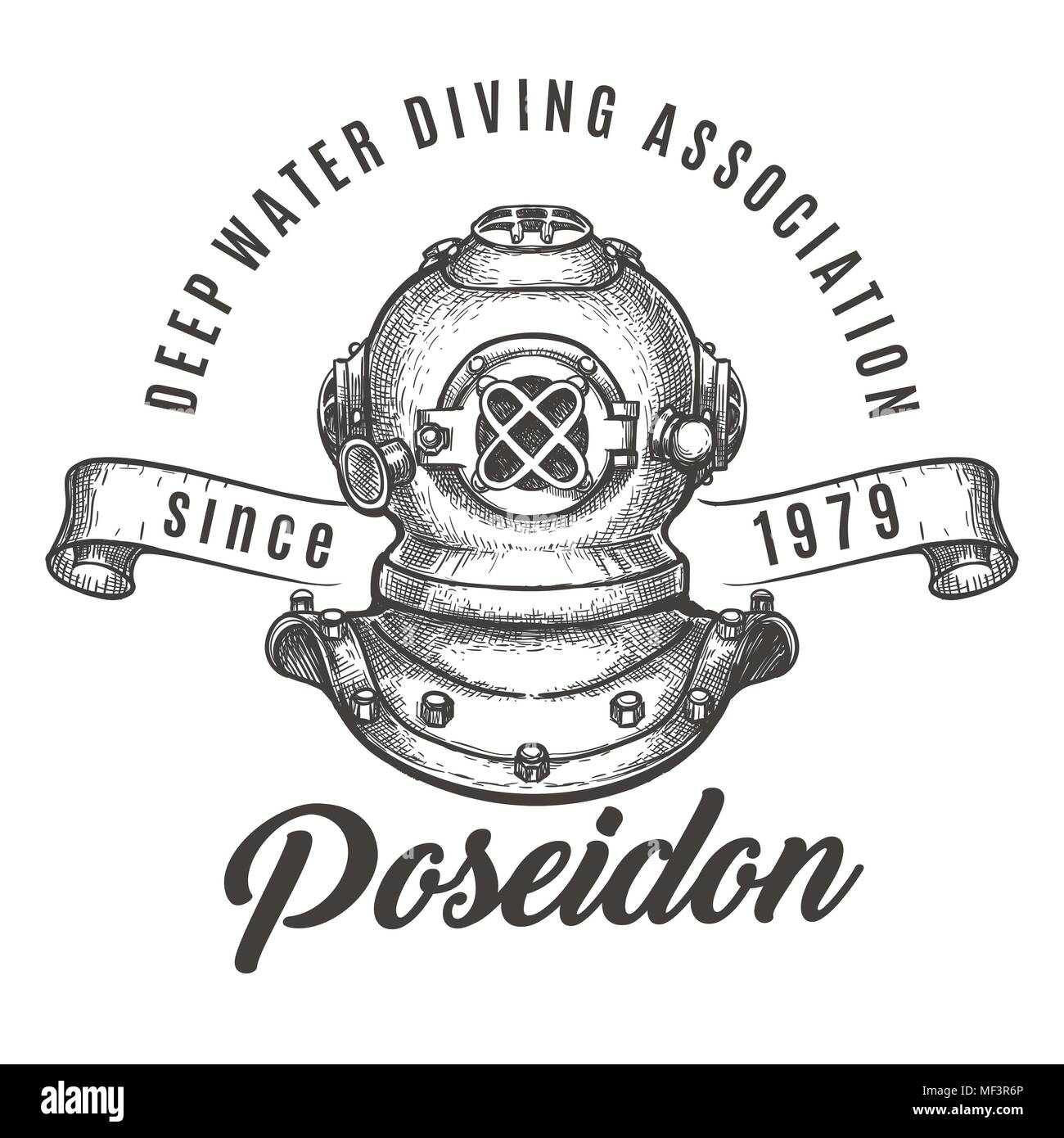 Scuba diving Club label. Diving helmet and ribbon. Vector illustration. Stock Vector