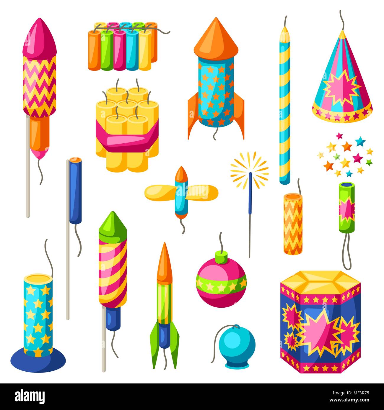 Set of colorful fireworks. Different types of pyrotechnics, salutes and firecrackers Stock Vector