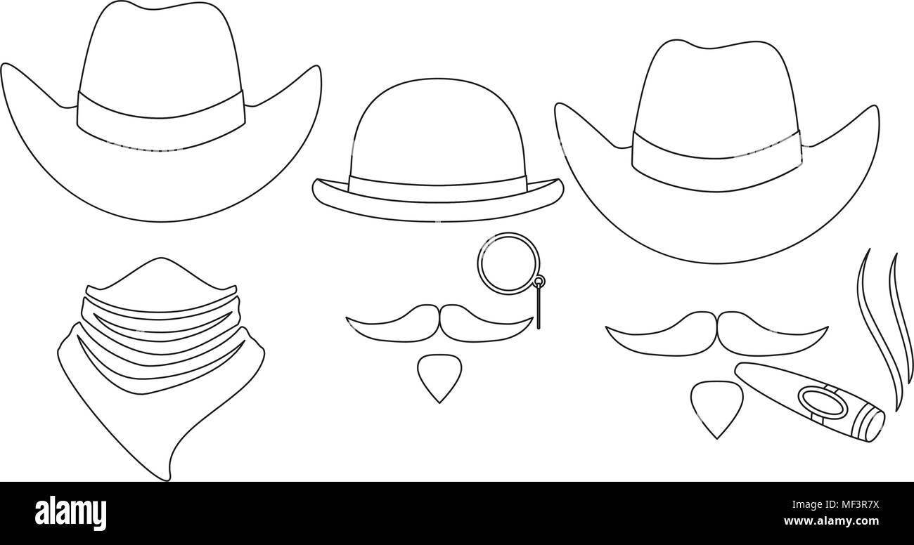 Line art black and white 3 western cowboy avatars Stock Vector