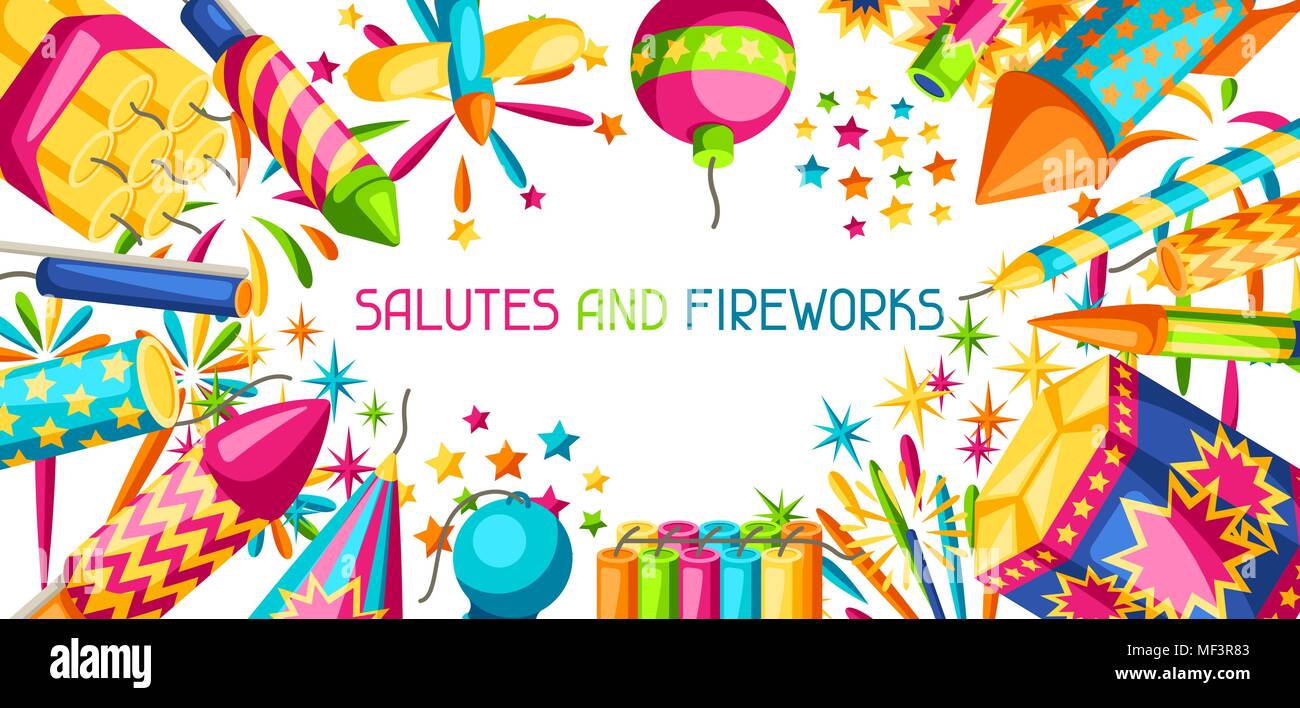 Banner with colorful fireworks. Different types of pyrotechnics, salutes and firecrackers Stock Vector