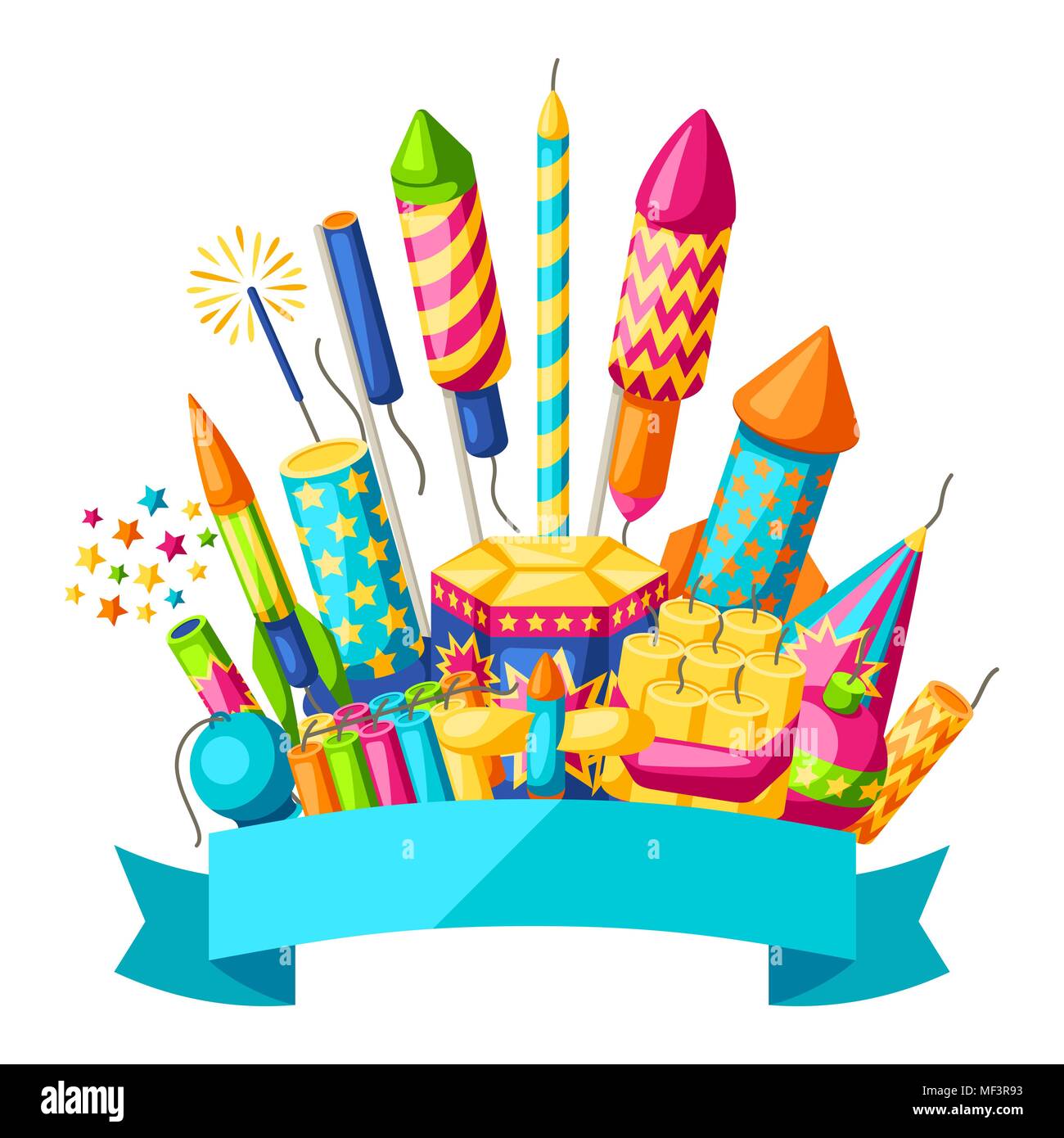 Background with colorful fireworks. Different types of pyrotechnics, salutes and firecrackers Stock Vector