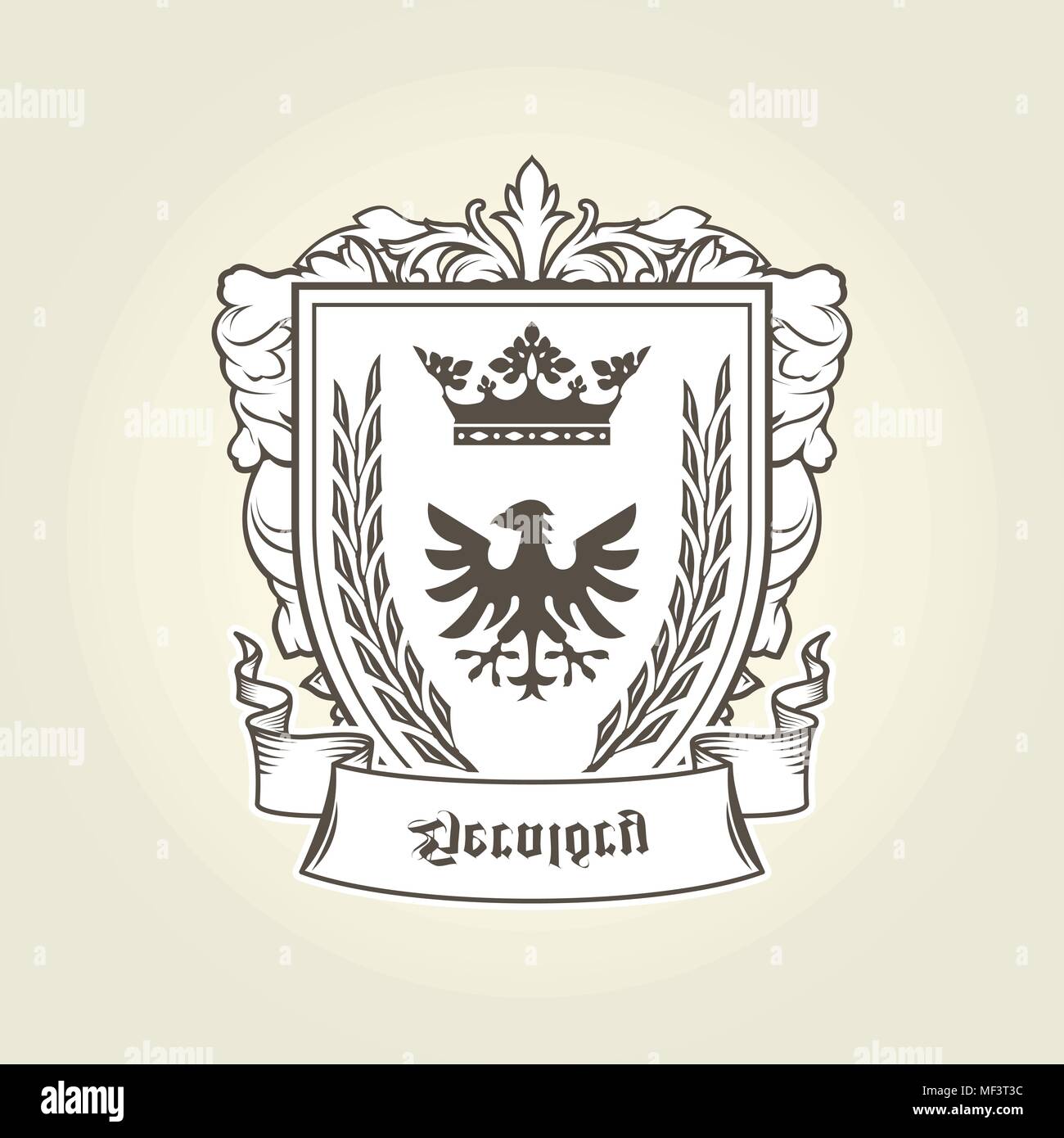 Coat of arms with heraldic eagle on shield, imperial emblem Stock