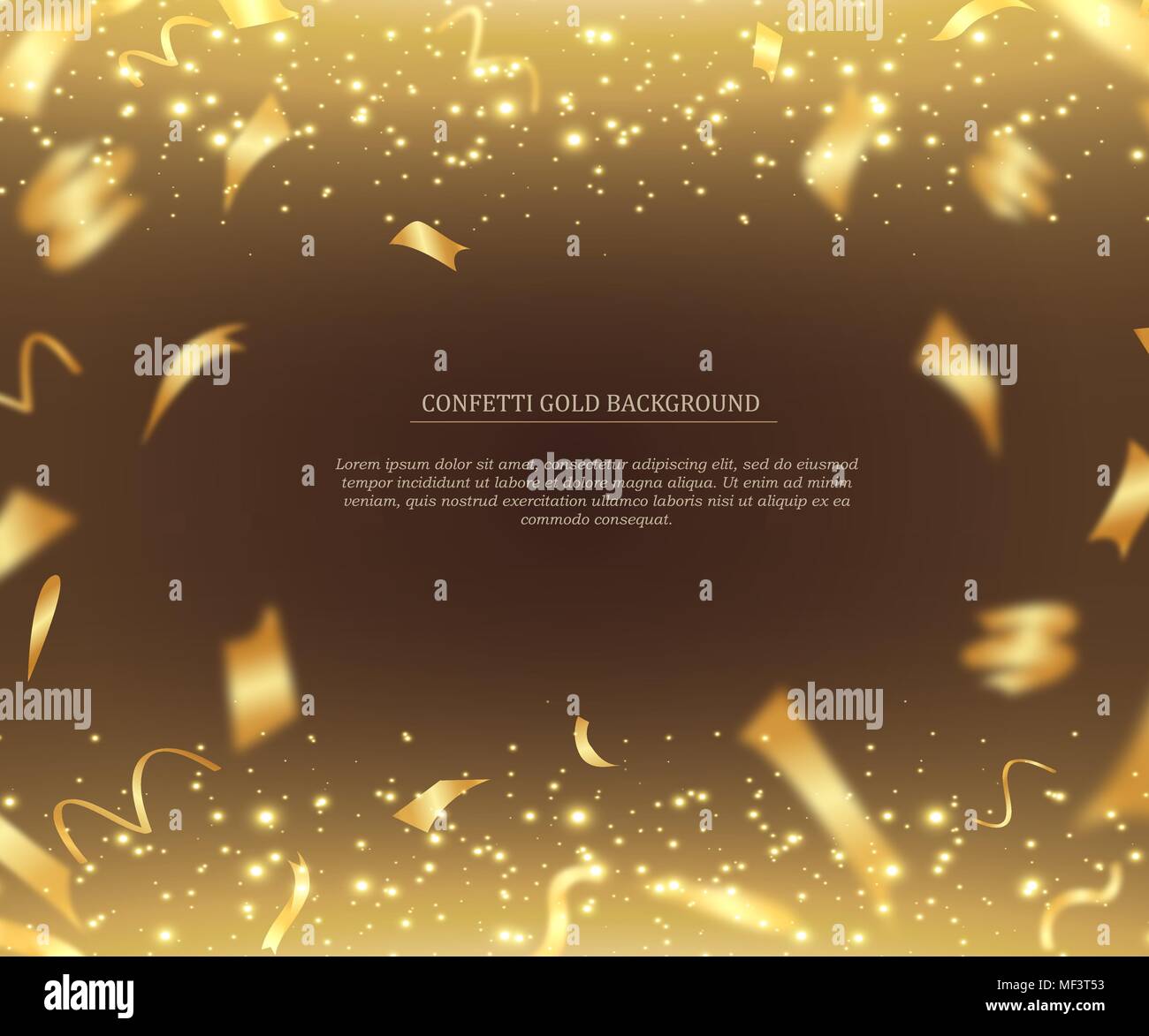 3D holiday background illustration with shiny gold ribbon and tinsel on gold background Stock Vector