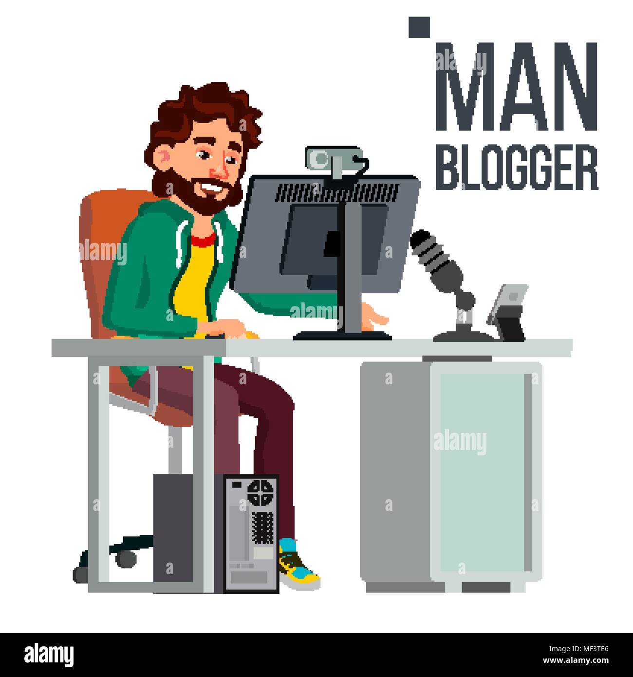 Man Blogger Vector. Video Concept. Professional Gamer. Personal Weblog Channel. Blogosphere Online. Popular Videobloggers. Flat Vector Illustration Stock Vector
