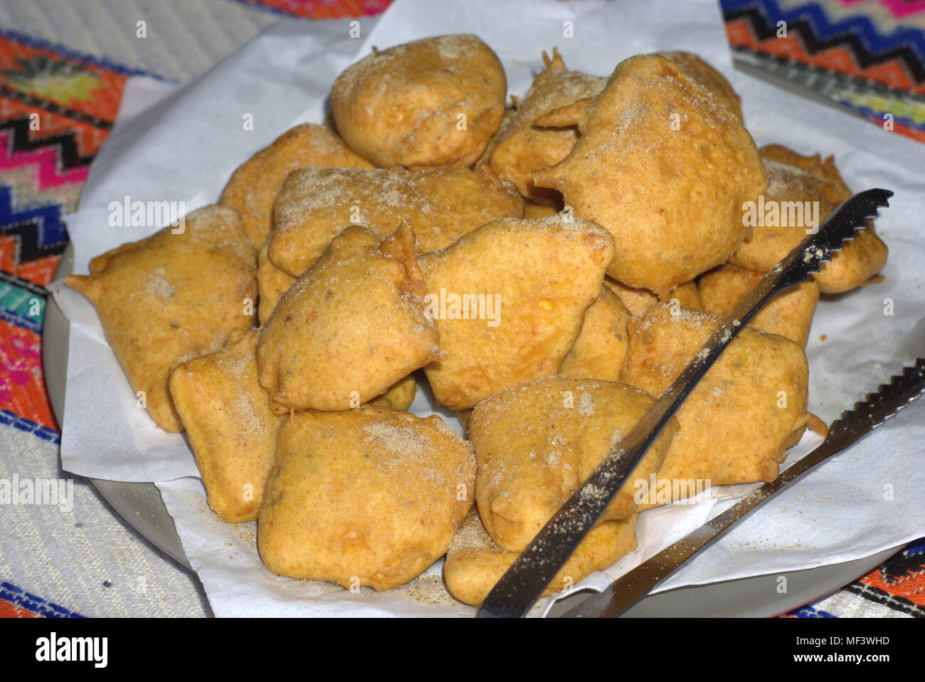 Deep fried Indian food. Pakora or Pakoda or Bhajia is deep fried cottage cheese or paneer or other vegetable snack Stock Photo