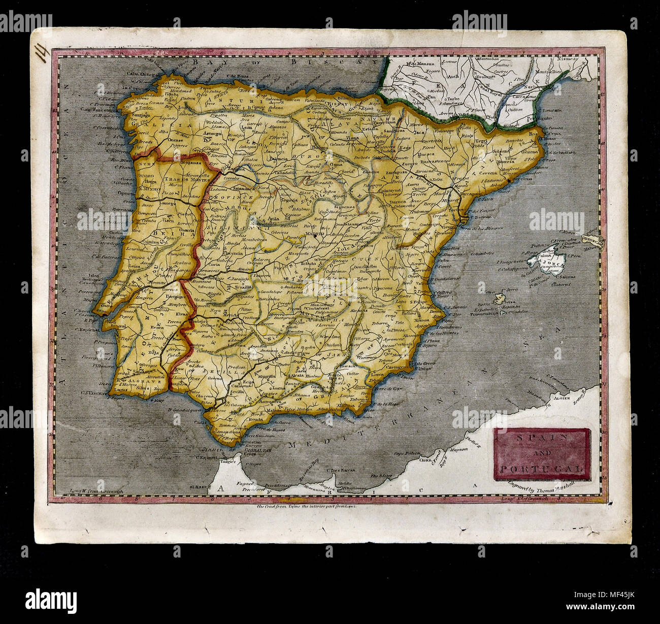 1804 Arrowsmith Map - Spain & Portugal - Lisbon Lisboa Braga Porto Oporto Algarve Madrid Barcelona Cadiz Toledo Europe Stock Photo