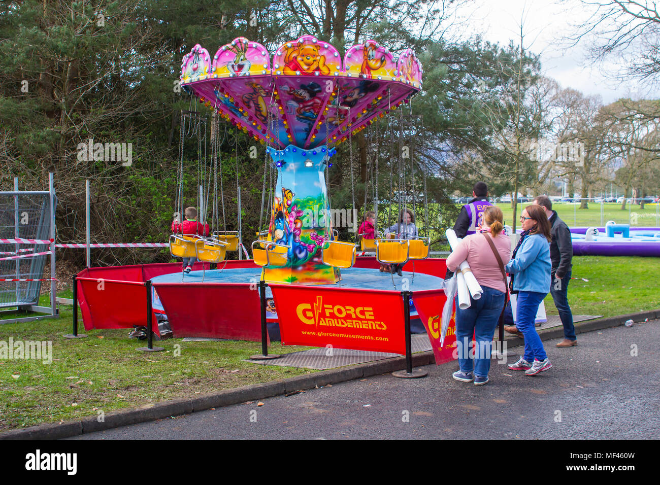 20 April 2018 An infant's carousel ride in course of construction on the preparation day for the annual Spring Festival held in Barnett's Demesne Bel Stock Photo