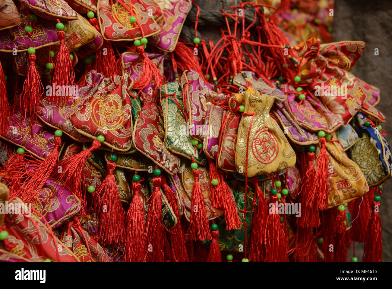 Good luck wish bags hanging on Jinli Ancient Street, Chengdu, Sichuan, China Stock Photo