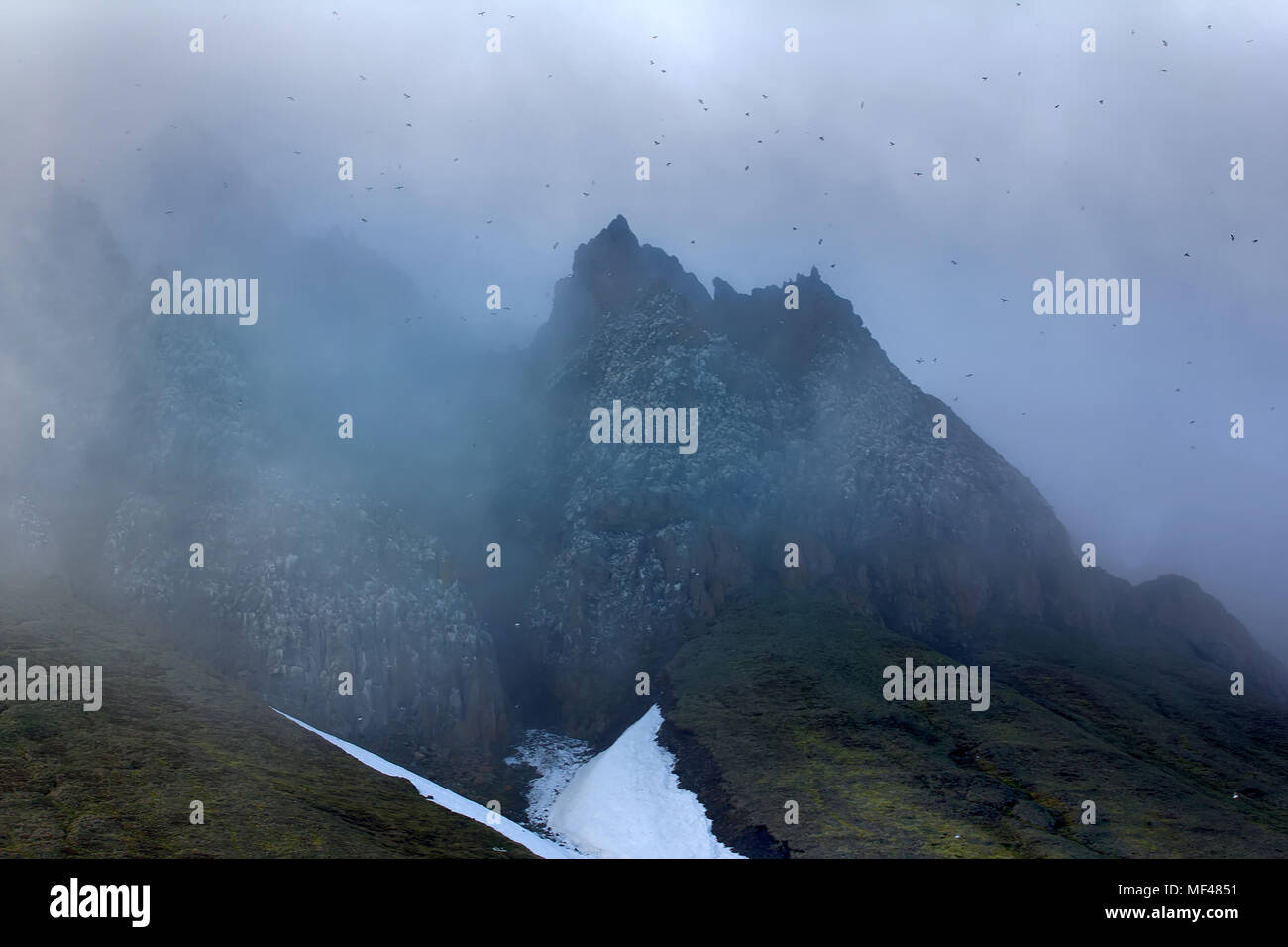 Gloomy Cover glacier and cliffs in Arctic (FranzJosef Land, Northbrook