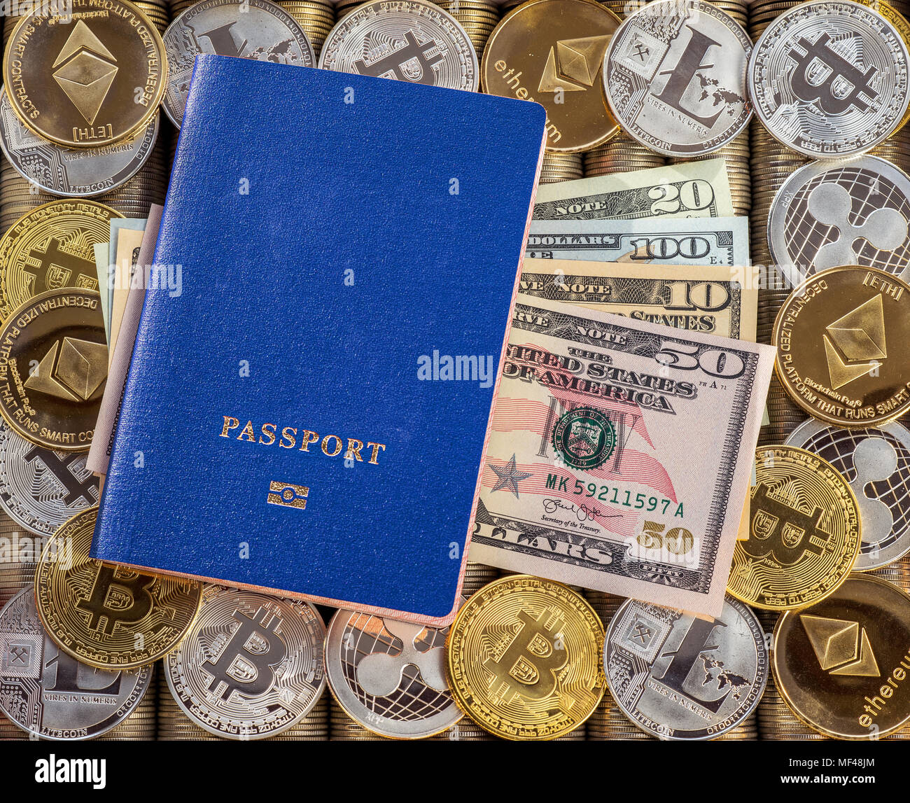 Blue passport, metal coins background. US dollars. Metal coins. Gold silver  bitcoin, crypto currency, identification. Security code cold wallet Stock  Photo - Alamy