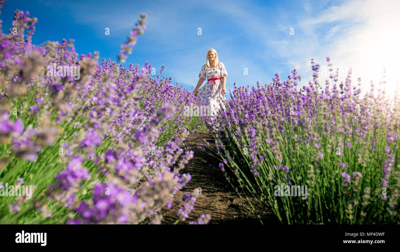 Beautiful young blonde woman in long dress walking at lavender field ...