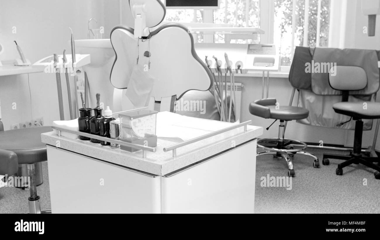 Black and white image of interior in dental clinic Stock Photo