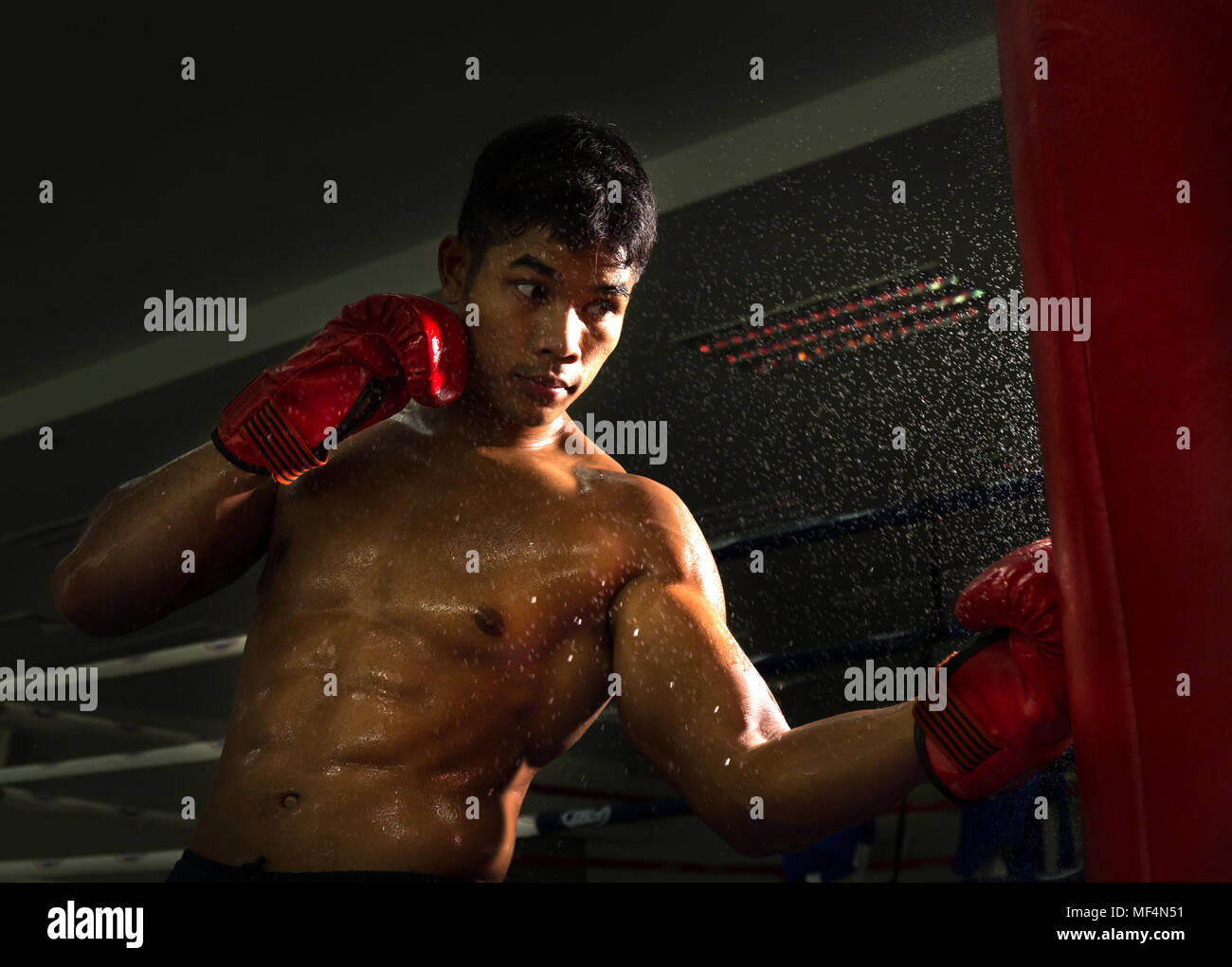 boxer punch at the target on boxing ring in gym Stock Photo