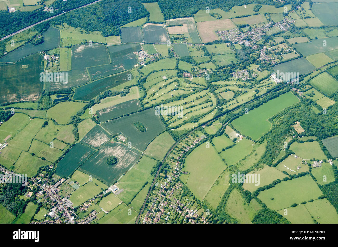 Aerial view of the Kent villages of Otford and Shoreham with the Darenth Valley Country Club and golf course in between.  Viewed on a sunny summer day Stock Photo