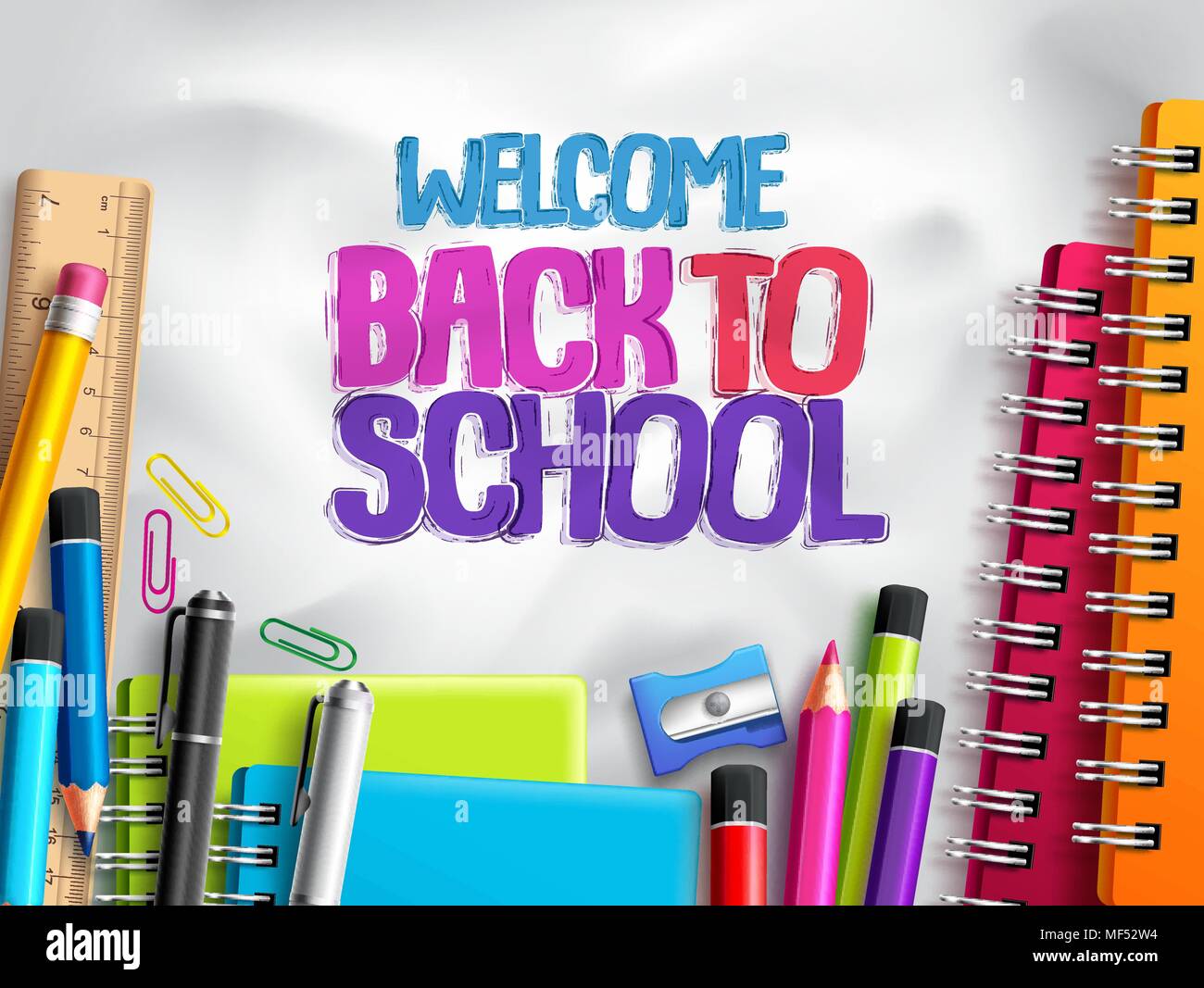 Welcome Back To School Vector Background Template With Education Elements Colorful School Supplies And White Space For Text Or Message In White Stock Vector Image Art Alamy