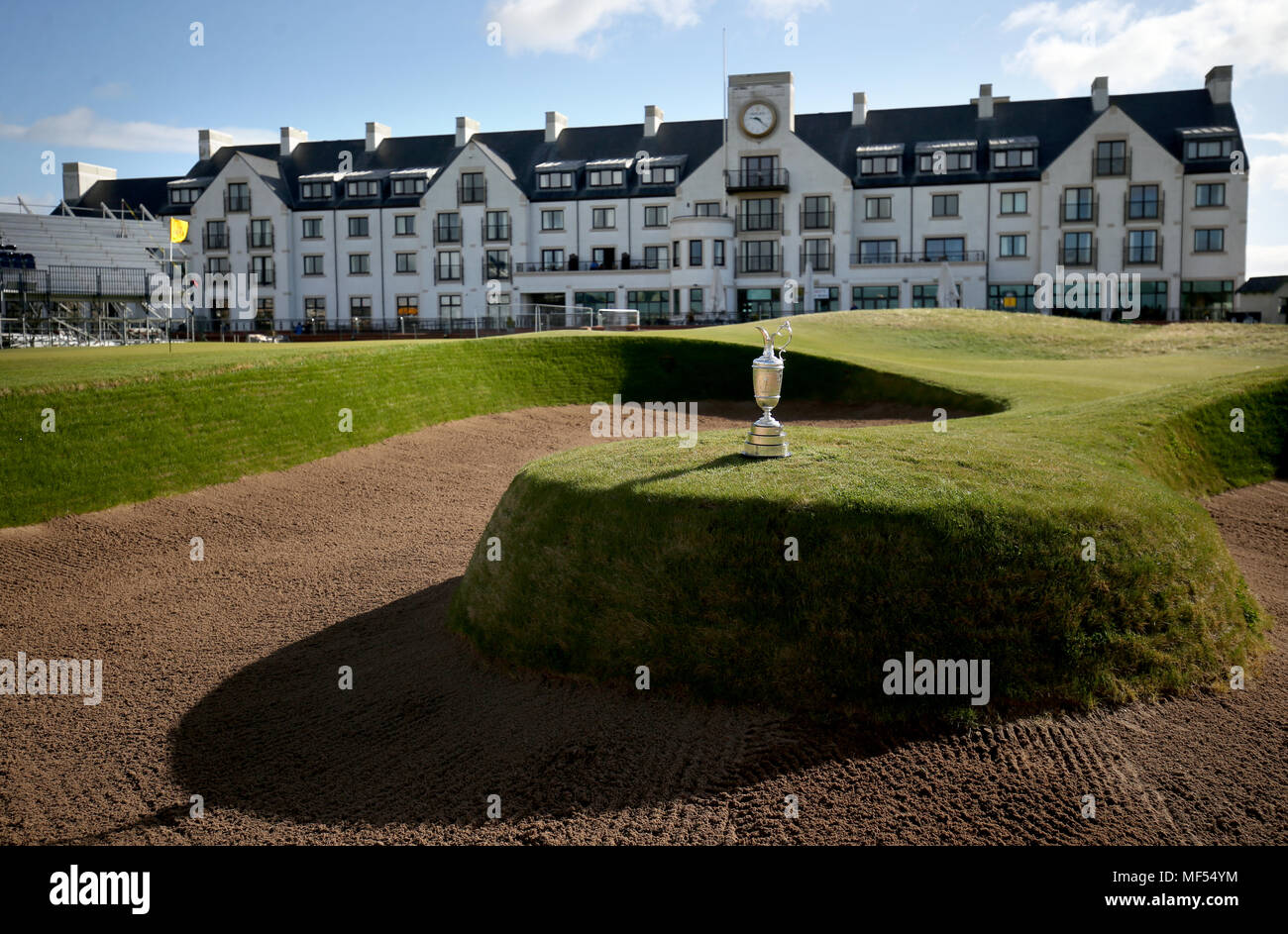 A view of The Claret Jug in front of the club house during The Open Championship Media Day at Carnoustie Golf Club. Stock Photo