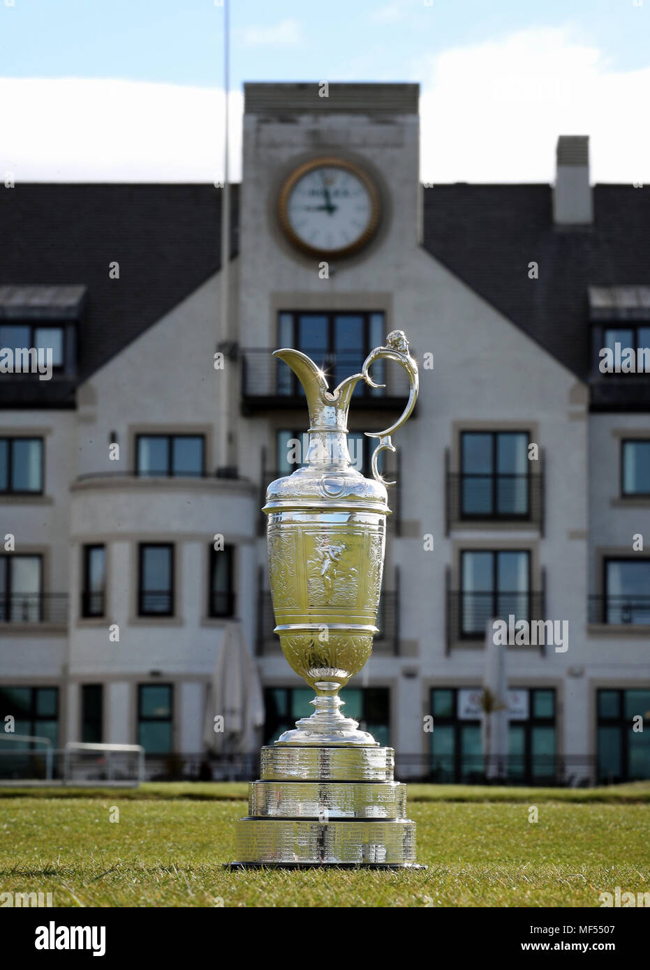 A view of The Claret Jug in front of the club house during The Open Championship Media Day at Carnoustie Golf Club. Stock Photo