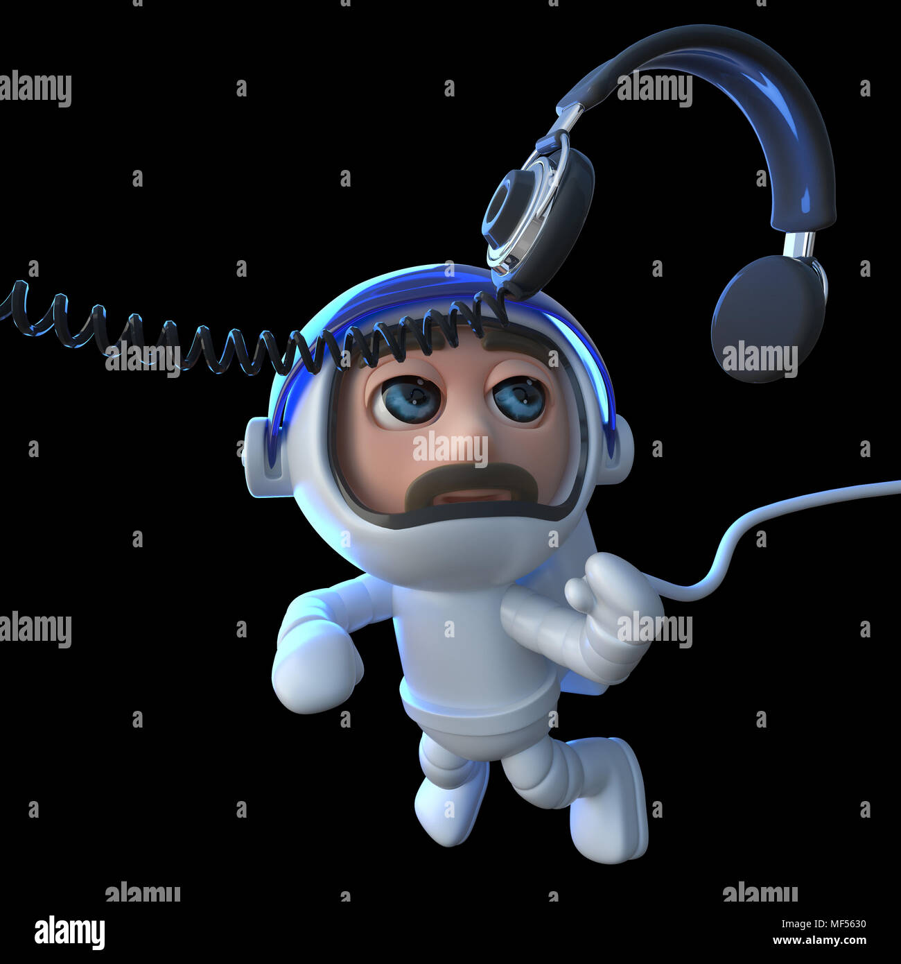 3d render of a funny cartoon spaceman astronaut chasing a pair of  headphones in space Stock Photo - Alamy