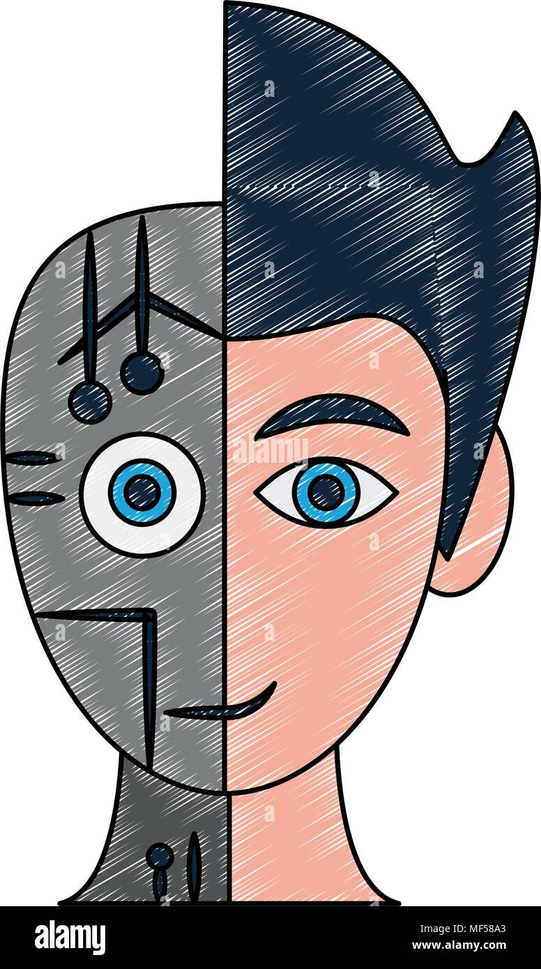 Human and robot head silhouette scribble Stock Vector