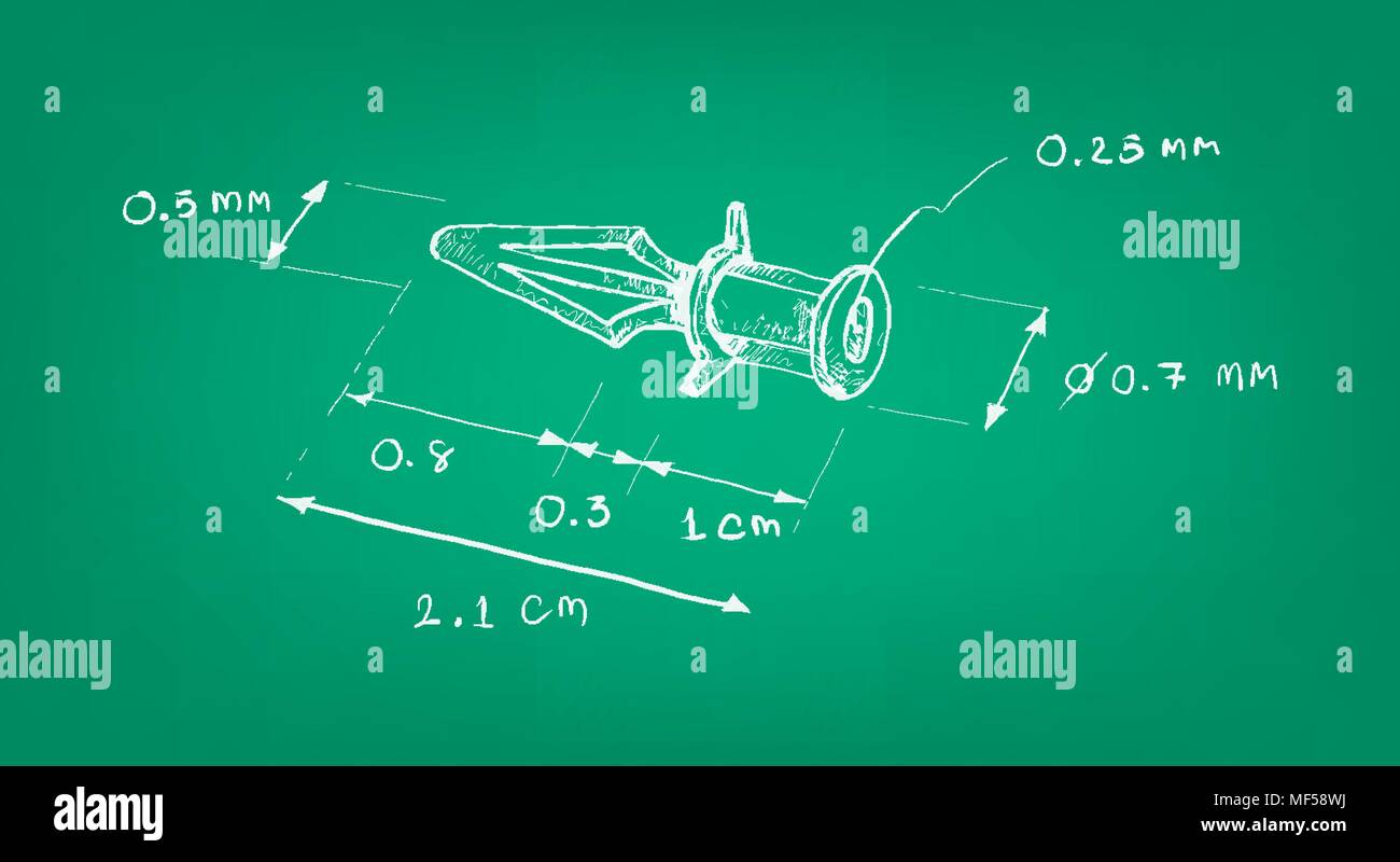Manufacturing and Industry, Illustration Hand Drawn Sketch Dimension of Plastic Anchor, Rawlplug for Electronic Circuit Board for Electronic Machines  Stock Vector