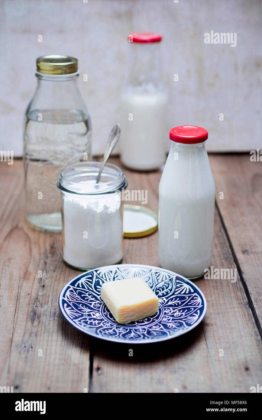 Homemade liquid detergent, curd soap, washing soda and water Stock Photo Alamy
