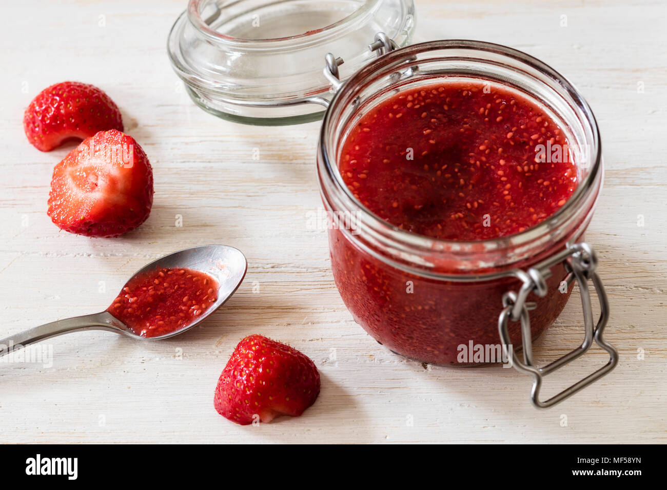 Homemade strawberry jam with chia seeds Stock Photo Alamy