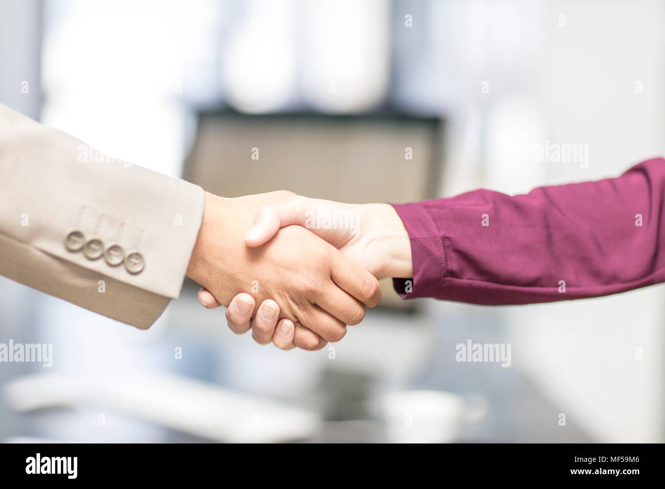 Close-up of businessman and businesswoman shaking hands Stock Photo