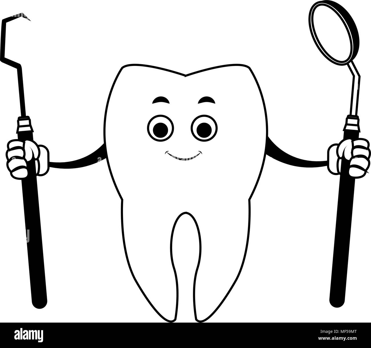 Tooth with dental tools funny cartoon on black and white Stock Vector