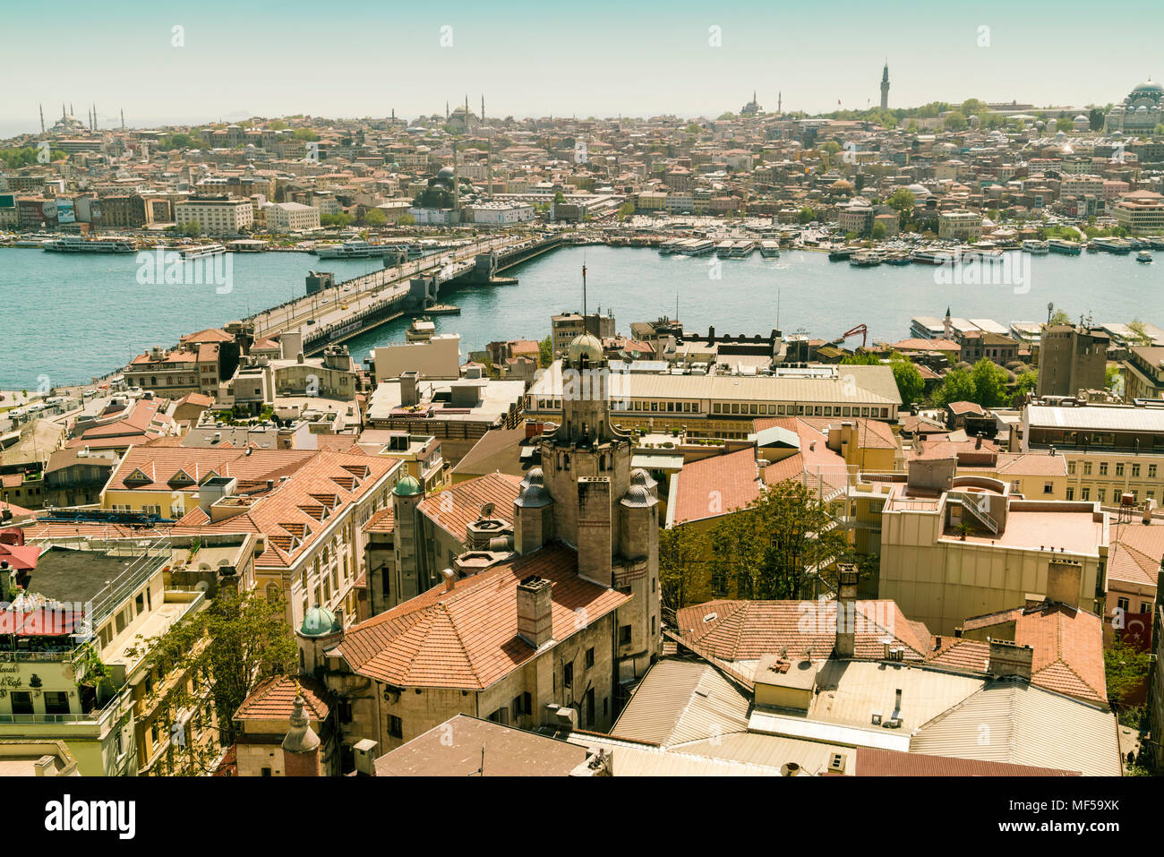 Turkey, Istanbul, Cityscape with Bosphorus, view from Galata Tower, Galata Bridge at Golden horn Stock Photo