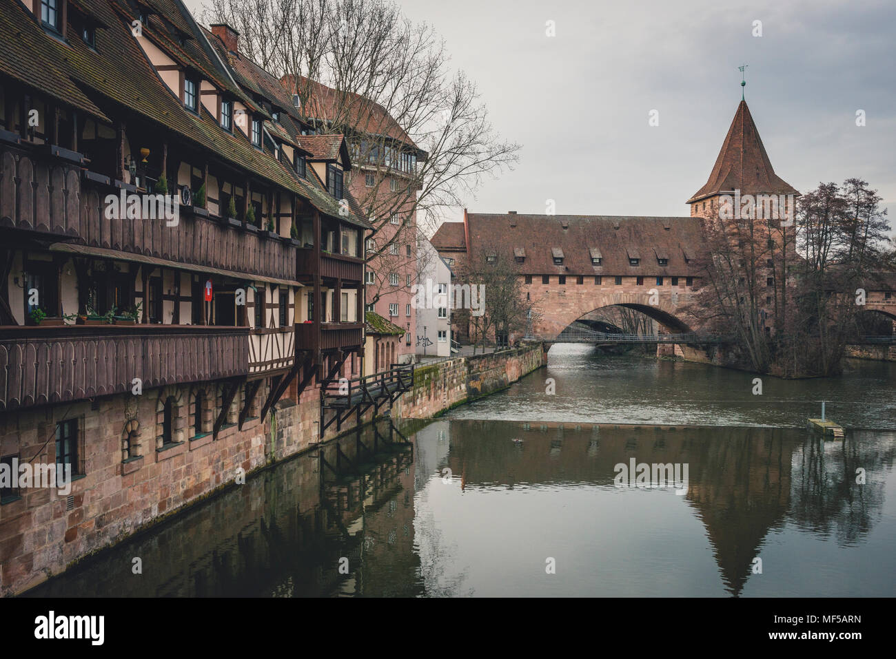 Germany, Bavaria, Nuremberg, Old town, Hallertor Bridge, Pegnitz river Stock Photo