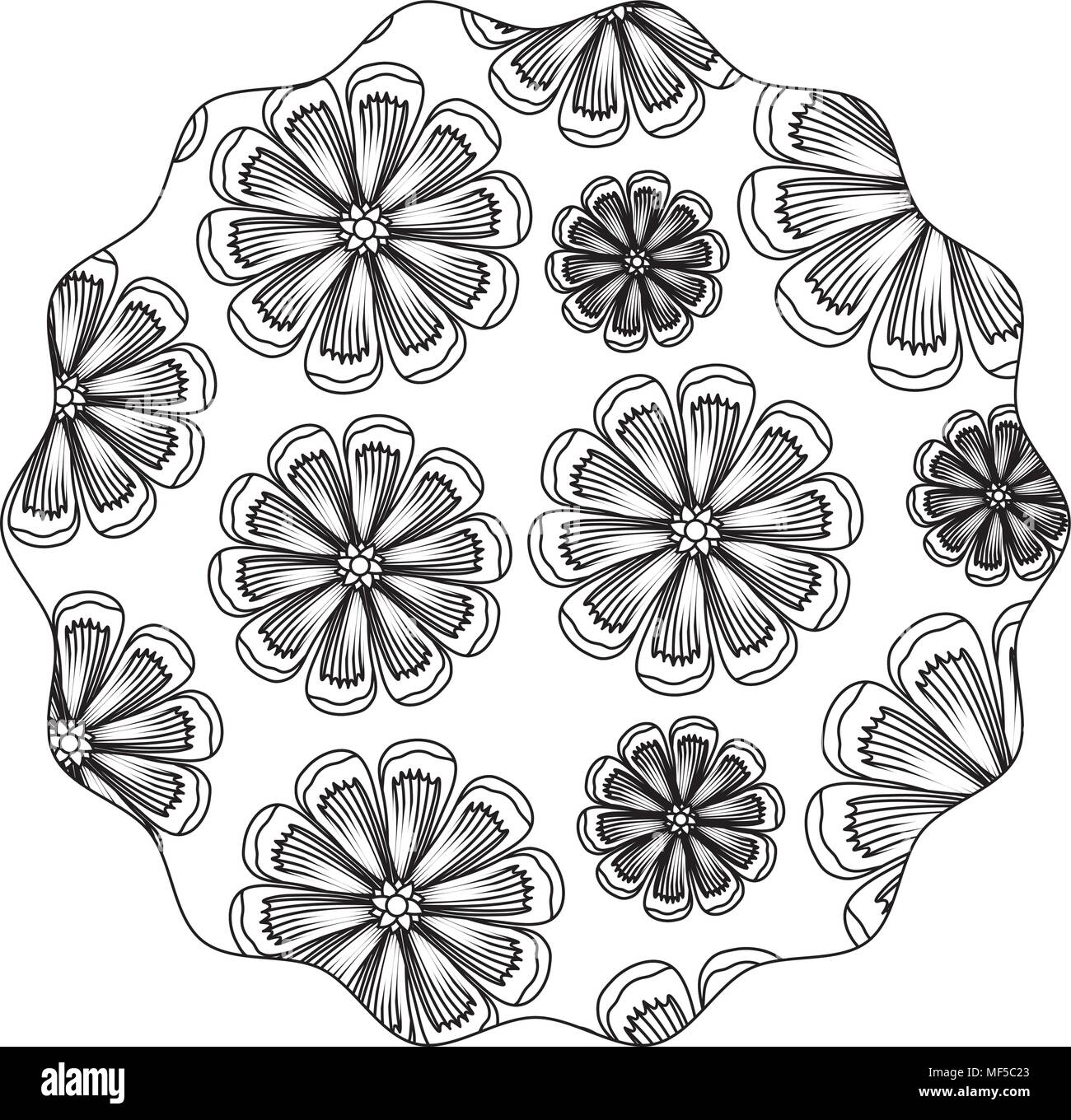 circular frame with floral design over white background, black and ...