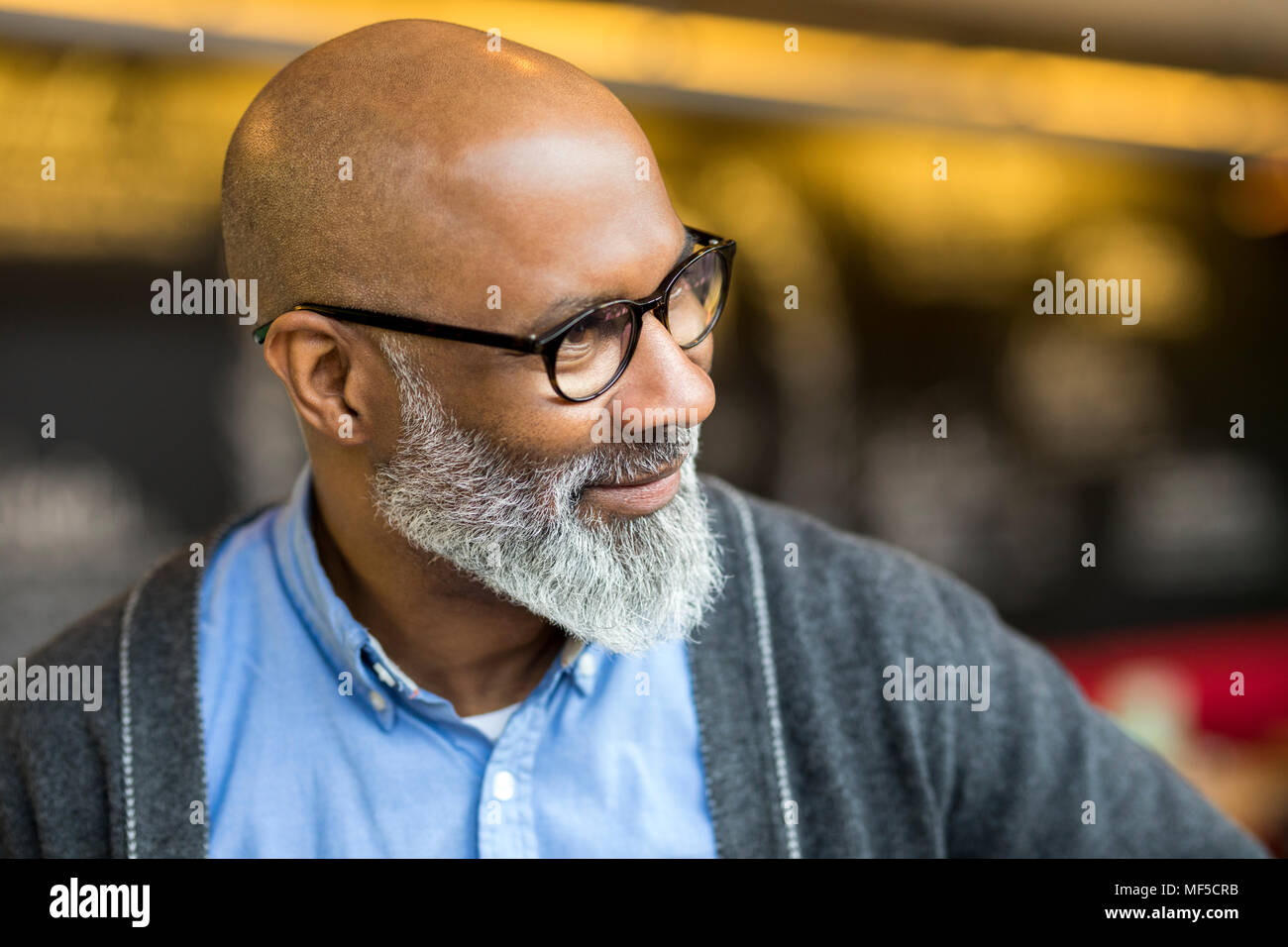 Portrait of bald man with grey beard wearing glasses Stock Photo