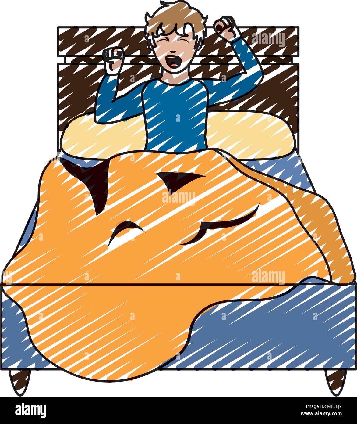 doodle man in the bed wakuing up with pijama design Stock Vector