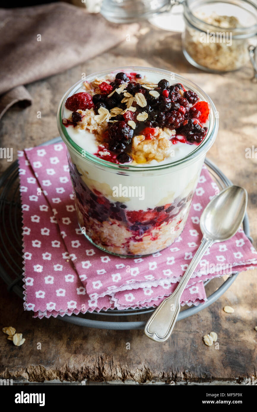 Overnight Oats with yoghurt and berries Stock Photo